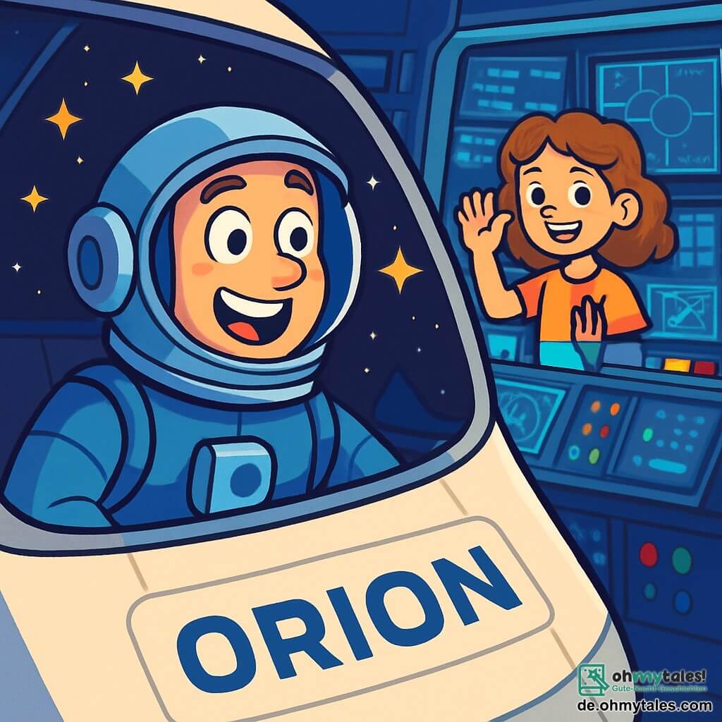Ein Astronaut, Leo, mit einem glänzenden Helm und einem blauen Raumanzug, steht vor dem Cockpit seines Raumschiffs "Orion". Sein Gesicht zeigt spürbare Aufregung, mit weit aufgerissenen Augen und einem breiten Lächeln, während er die funkelnden Sterne durch das große Fenster beobachtet. Neben ihm winkt ein 10-jähriges Mädchen, Mia, mit lockigem Haar und einem bunten T-Shirt, ihm zum Abschied. Sie befindet sich im Kontrollzentrum der Raumstation, umgeben von leuchtenden Bildschirmen und Sternenkarten. Der Ort ist ein futuristisches Cockpit, gefüllt mit leuchtenden Tasten und holographischen Bildschirmen, die Daten über Sterne und Planeten anzeigen, mit einem spektakulären Blick auf den schwarzen Weltraum, der mit leuchtenden Sternen übersät ist. Die Hauptsituation zeigt Leo, der bereit ist, zum geheimnisvollen System Zeta-9 zu starten, mit einem Abenteuerglanz in den Augen, während Mia hinter ihm ihm mit einem ermutigenden Lächeln viel Glück wünscht.