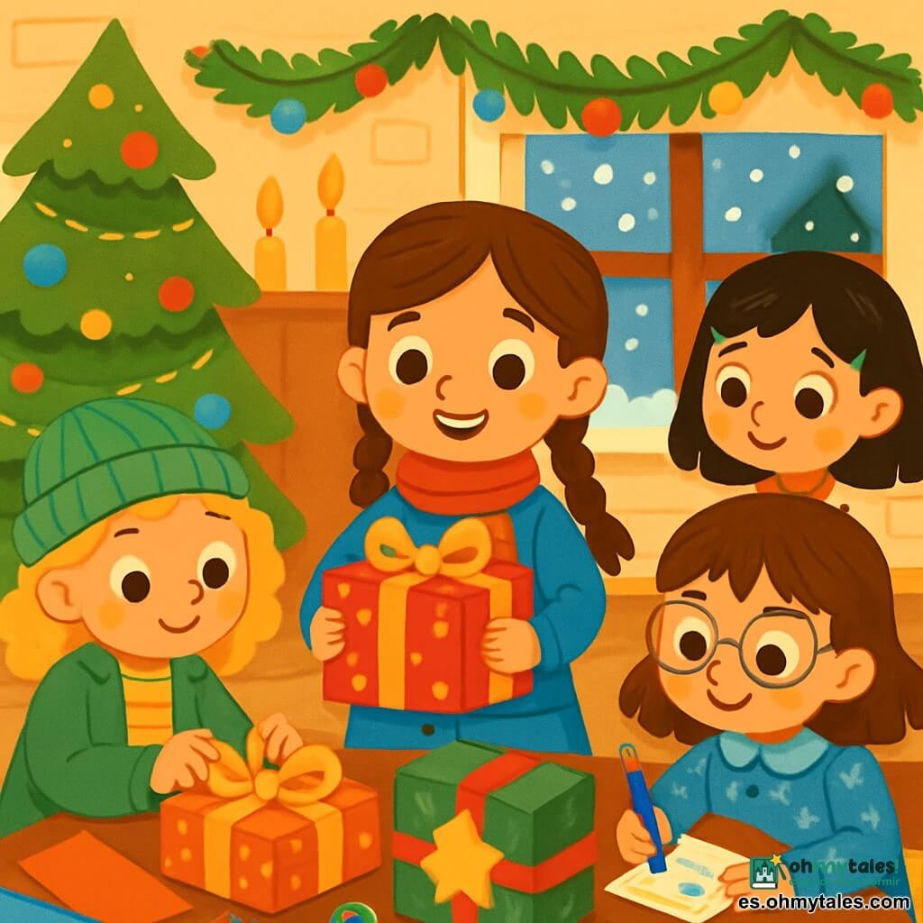 Hay 4 niños: - Lucía: una niña de 7 años, con largas trenzas de cabello castaño, lleva una bufanda roja y un abrigo azul. Está de pie en el centro, sonriendo y sosteniendo un paquete de regalo bellamente envuelto. - Marta: una niña de 7 años, con cabello rizado rubio, vestida con una chaqueta verde y un gorro de lana. Está a la izquierda, atando un bonito lazo dorado alrededor de otro regalo. - Sofía: una niña de 7 años, con cabello castaño y gafas redondas, vestida con un vestido de copos de nieve. Está a la derecha, escribiendo una tarjeta de felicitación con un bolígrafo de color. - Emma: una niña de 7 años, con cabello negro liso, lleva un suéter a rayas y una falda de tul. Está un poco atrás, decorando un paquete con una estrella dorada. La escena tiene lugar en la acogedora sala de Lucía, iluminada por velas brillantes. Las paredes están decoradas con guirnaldas de pino y bolas de colores. Un gran árbol de Navidad se encuentra en una esquina, adornado con luces brillantes y guirnaldas centelleantes. La nieve cae suavemente afuera, creando un paisaje de ensueño a través de la ventana. La situación principal muestra a las cuatro amigas preparando regalos para su vecina, una anciana, con sonrisas radiantes en sus rostros. Trabajan juntas, rodeadas de papeles de colores, tijeras y cintas, creando una atmósfera alegre y mágica, llena de risas y complicidad.