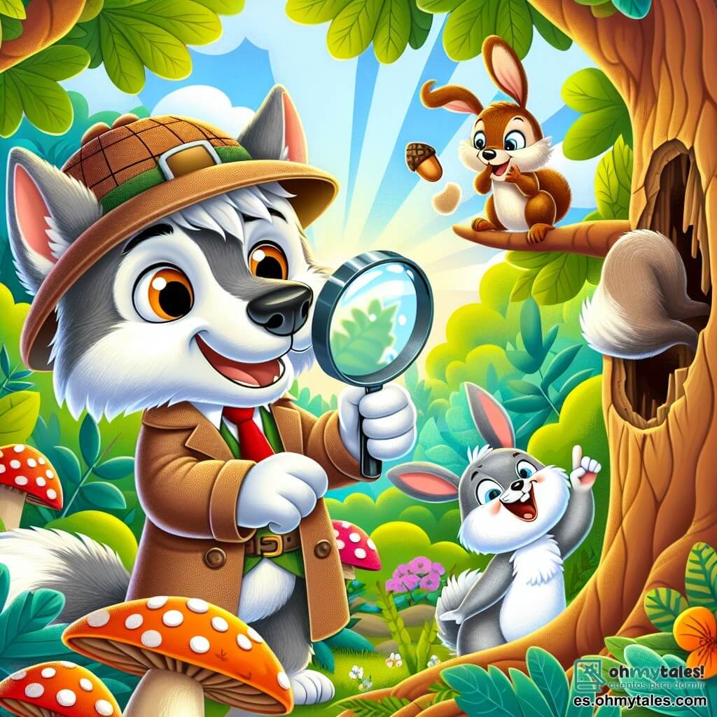 Un lobo detective llamado Lucas, con pelaje gris y ojos traviesos, lleva un pequeño sombrero de detective y sostiene una lupa, mostrando una expresión concentrada y curiosa mientras examina un agujero en un árbol. Junto a él, una pequeña ardilla llamada Susi, con pelaje marrón y una cola esponjosa, salta de alegría señalando las bellotas desaparecidas, mientras un alegre conejo llamado Benito, con pelaje blanco y grandes orejas, ríe apoyado en un árbol, observando la escena con diversión. La escena transcurre en una jungla colorida, llena de follaje verde exuberante, flores brillantes y rayos de sol filtrándose a través de las ramas. La situación principal muestra a Lucas, Susi y Benito resolviendo el misterio de las bellotas desaparecidas, rodeados de la belleza de la naturaleza y la amistad.