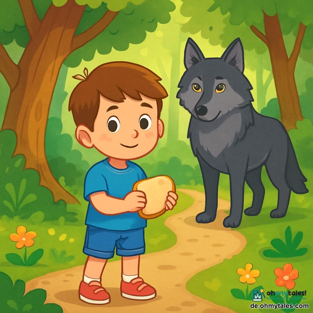 Ein 6-jähriger Junge namens Emil mit kastanienbraunen Haaren und funkelnden Augen steht mutig am Rand eines Waldwegs. Sein Gesicht zeigt eine sanfte Entschlossenheit, mit einem leichten Lächeln und rosigen Wangen. Er trägt ein blaues T-Shirt und eine Jeansshorts, seine kleinen Hände halten ein Stück Brot. Einige Schritte hinter ihm beobachtet ein großer Wolf mit leuchtenden Augen und dunkelgrauem Fell schweigend. Der Wolf hat eine sowohl majestätische als auch melancholische Haltung, die Ohren aufgerichtet und der Schwanz leicht gesenkt, als wäre er neugierig, aber vorsichtig. Die Szenerie ist ein dichter Wald mit imposanten, knorrigen Bäumen und leuchtend grünen Blättern. Der Boden ist mit weichem Moos und bunten kleinen Blumen bedeckt, während Sonnenstrahlen durch das Laub dringen und helle Muster auf den Boden zaubern. Die Hauptsituation zeigt Emil, der bereit ist, sein Brot mit dem Wolf zu teilen, eine zarte Begegnung zwischen der Unschuld eines Kindes und dem Mystischen eines wilden Wesens, in einem Moment sanfter Spannung und Hoffnung.