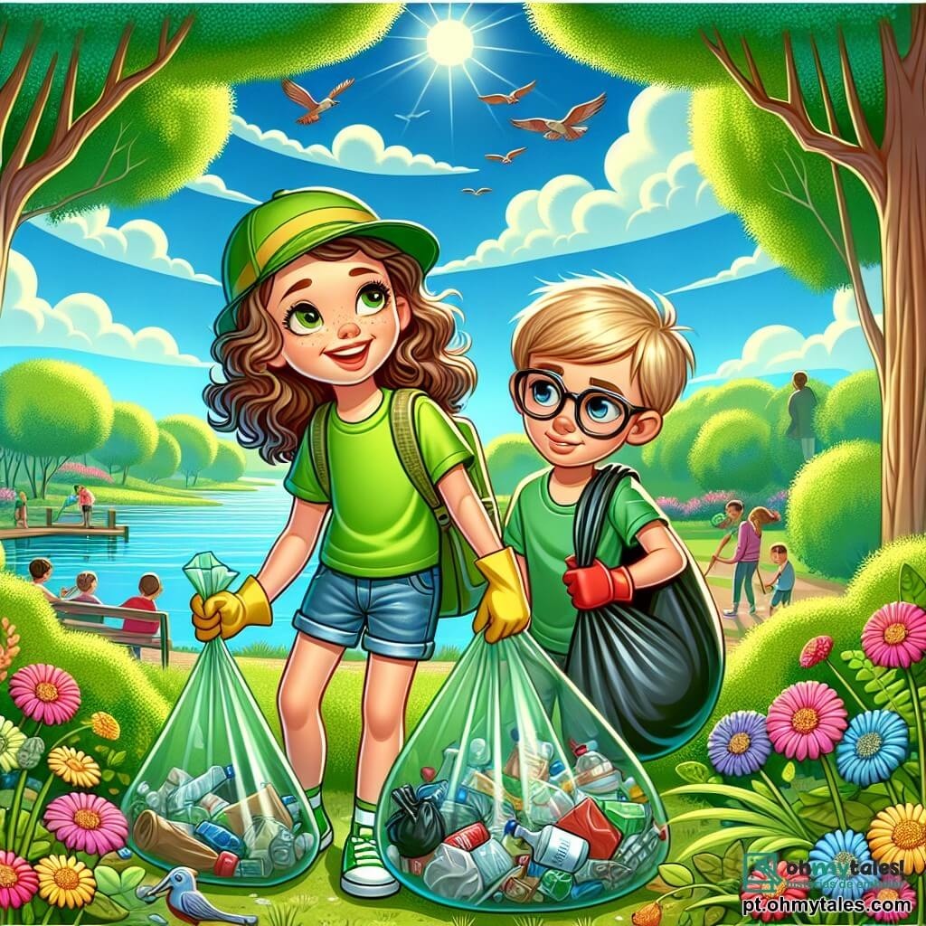 Uma menina de 12 anos, chamada Lara, com cabelos castanhos e cacheados, usa uma camiseta verde viva e um short de jeans. Ela tem um grande sorriso, os olhos brilhando de excitação, e segura uma sacola de limpeza cheia de lixo. Ao seu lado, um menino de 12 anos, chamado Lucas, com cabelos loiros e óculos, usa um boné e luvas de jardinagem. Ele recolhe lixo com um ar determinado, olhando para Lara com admiração. Ao fundo, um parque verdejante, cheio de árvores majestosas, flores coloridas e um lago brilhante sob o sol. Pássaros voam no céu azul, e famílias aproveitam a natureza. A cena principal mostra Lara e Lucas limpando o parque, cercados por sacos de lixo, com sorrisos de satisfação em seus rostos, ilustrando seu compromisso com a ecologia.