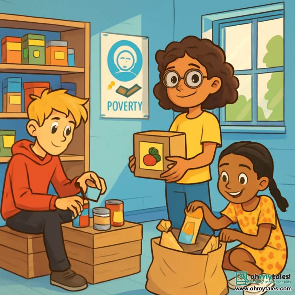 There are three characters: Olivia, an 11-year-old girl with curly brown hair and round glasses, wearing a bright yellow t-shirt and blue jeans, standing with a determined smile while holding a food box; Ben, a tall and slim 12-year-old boy with messy blonde hair, dressed in a red sweatshirt and black pants, sitting on a wooden crate sorting canned goods with a focused expression; and Amina, an 11-year-old girl with braided black hair, wearing a floral dress and white sneakers, crouching and filling bags with food, her face lit up with enthusiasm. The setting is a small community center room with light blue walls and shelves filled with colorful food boxes, decorated with posters raising awareness about poverty, and a large window letting in sunlight, illuminating the scene. The main situation shows the three friends working together to prepare food packages for families in need, united by their desire to help their community, with smiles and a sense of camaraderie in the air as they strive to make a difference.