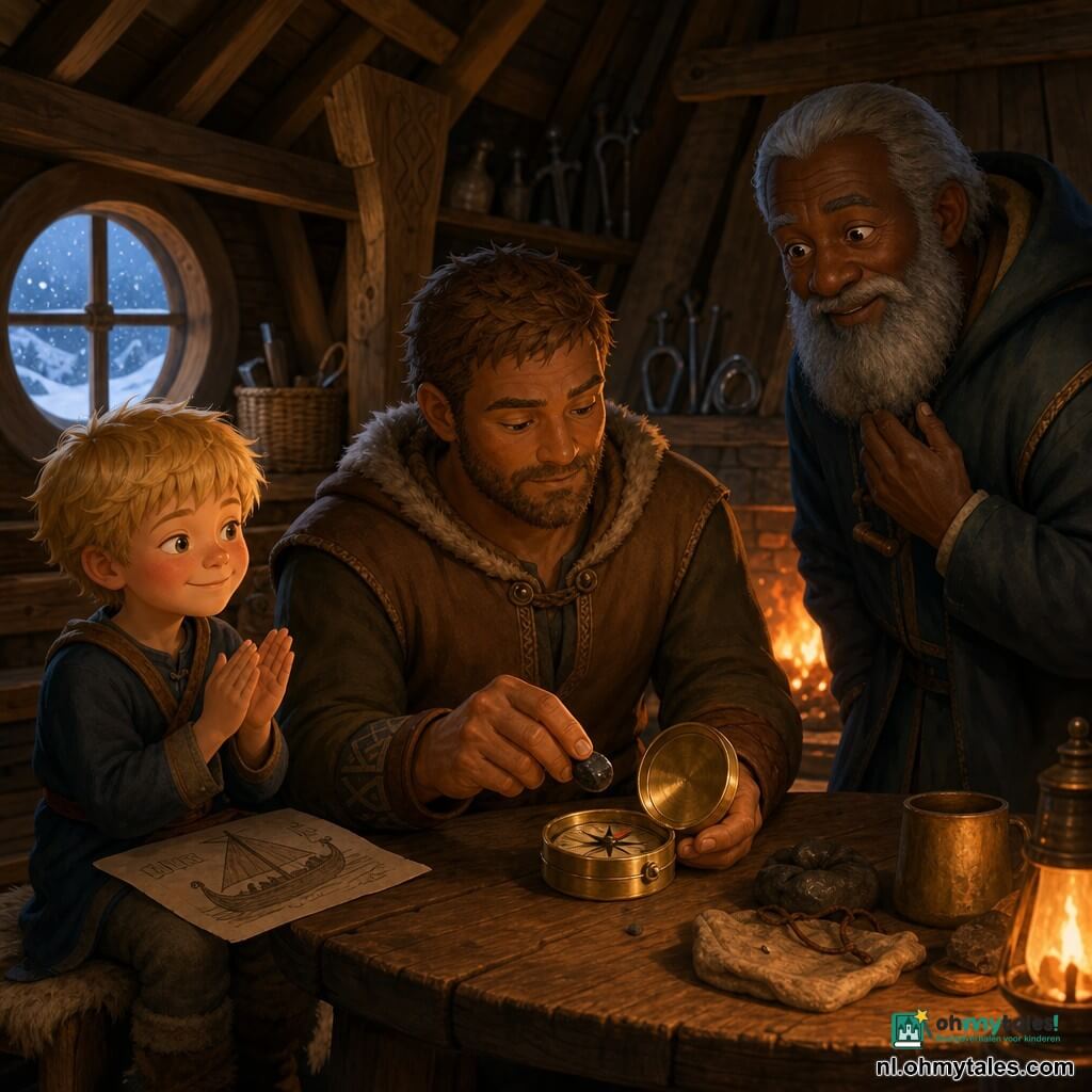 Een man genaamd Einar, verweerd gezicht, kort bruin haar en lichte baard, kalme geconcentreerde blik, zit aan een rustieke houten tafel en houdt een open messing kompas terwijl hij voorzichtig een donkere lodestone naast de naald legt; rechts achter de tafel staat de oudere Haldor, gerimpelde huid, lange grijze baard en zoutige zeemantel, met opgeluchte, heldere ogen die het kompas bewonderen; links zit de ongeveer 8‑jarige Knut met warrig blond haar en rode wangen op een bankje en klapt zachtjes, een klein schetsje van een schip in de hand; het interieur is een donker houten Noordisch longhuis met zichtbare balken, een laag vuur dat warm oranje licht werpt, planken met ijzeren gereedschap en een rieten mand, door een klein rond raam is sneeuw zichtbaar; scène: intiem hoopvol moment van kompasreparatie, zorgzame, rustige gebaren, warme sfeer met bruine en oranje tinten, blauwgrijze sneeuwaccenten en glanzend messing en zwarte steen.