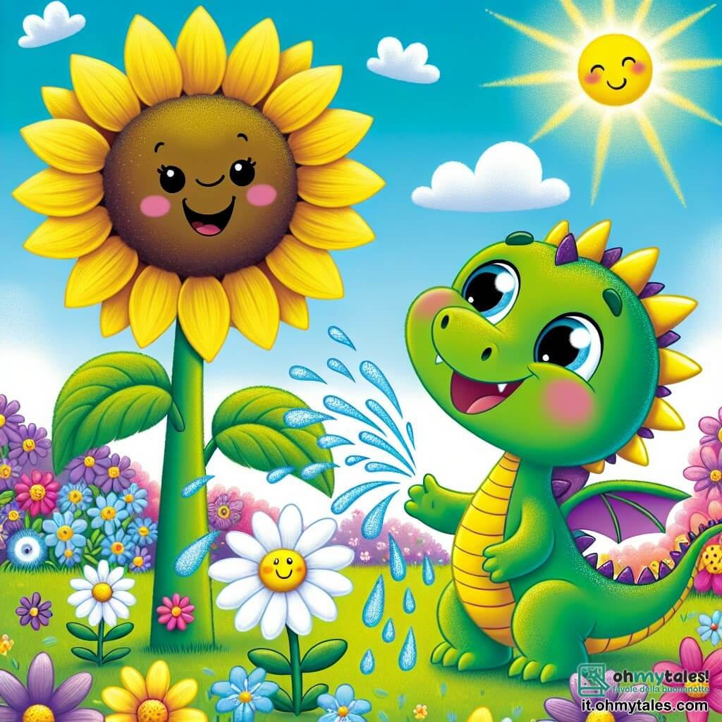 Un piccolo drago verde di nome Lino, con scaglie brillanti e occhi scintillanti di gioia, vola sopra un giardino colorato, sorridente e radioso di felicità. Accanto a lui, un grande girasole giallo, con un volto amichevole e petali luminosi, alza le sue foglie verso il cielo, esprimendo gratitudine e gioia. Una margherita bianca, piccola e delicata, si trova vicino al girasole, con un sorriso radioso, mentre raccoglie foglie da terra. Il giardino è pieno di fiori vibranti dai colori vivaci: rose, violette e blu, e il sole splende intensamente in un cielo azzurro chiaro, creando un'atmosfera estiva gioiosa. Lino, il drago, annaffia i fiori con il suo soffio d'acqua, mentre i fiori danzano attorno a lui, celebrando la loro amicizia e la bellezza dell'estate.