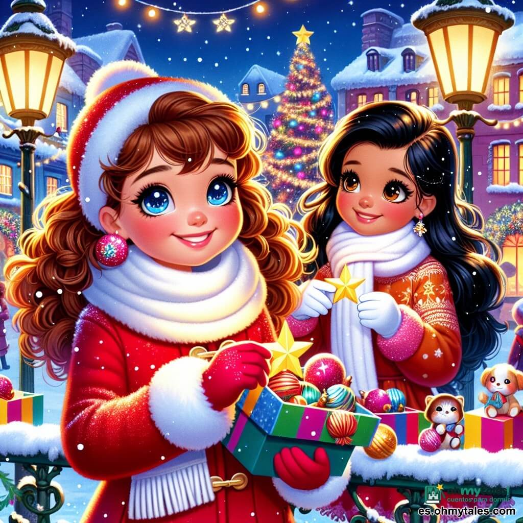 Una niña de 8 años, Clara, con cabello castaño rizado y ojos brillantes como estrellas, está en el centro de la escena, sonriendo radiante. Lleva un abrigo rojo vivo, una bufanda blanca de lana y guantes a juego, mientras sostiene una estrella de papel brillante en sus manos. A su lado, Lucía, también de 8 años, con cabello negro liso y mejillas sonrojadas, mira a Clara con admiración, sosteniendo una caja colorida llena de decoraciones navideñas. El escenario es una encantadora plaza de pueblo, cubierta de una espesa capa de nieve brillante, con faroles de hierro forjado iluminando la noche. Al fondo, un gran abeto se alza majestuosamente, decorado con guirnaldas luminosas y bolas de colores, mientras copos de nieve caen suavemente del cielo estrellado. La escena principal muestra a Clara y Lucía decorando juntas el árbol de Navidad, riendo y compartiendo momentos de alegría, rodeadas de una atmósfera festiva y cálida, simbolizando la amistad y el perdón.