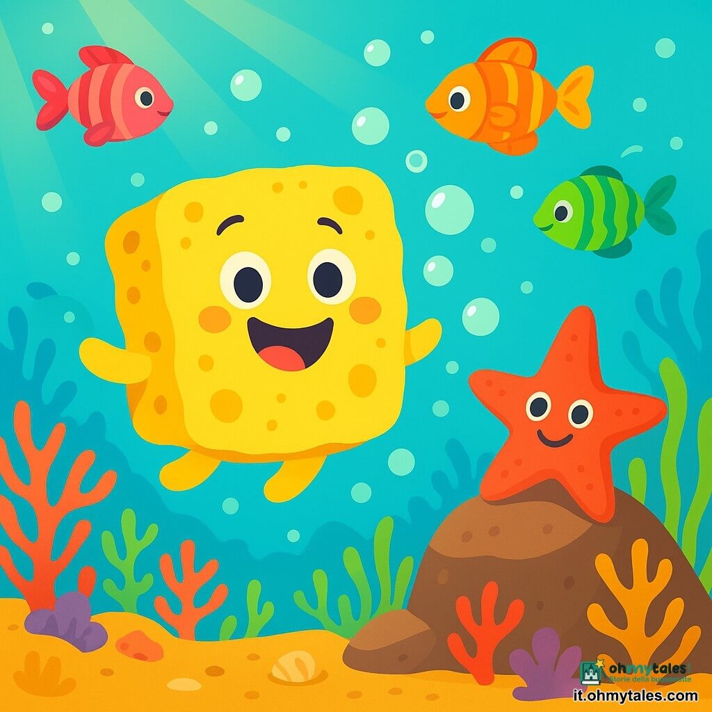 Spugnetta, una spugna di mare gialla e morbida, galleggia allegramente nell'acqua turchese, con un grande sorriso sul viso rotondo e occhi scintillanti di eccitazione. Fa bolle intorno a sé, circondata da piccoli pesci colorati che nuotano in cerchi, le loro squame brillanti scintillano sotto i raggi del sole. Accanto a Spugnetta c'è un'astice rosso, sorridente e curiosa, che osserva le bolle con meraviglia. È posata su una roccia, con i suoi bracci che si estendono verso l'acqua. Il fondale marino è pieno di coralli multicolori, piante acquatiche ondeggianti e piccole conchiglie, creando un paesaggio vibrante e vivo. Raggi di luce filtrano attraverso la superficie dell'acqua, illuminando la scena con una dolce luce dorata. In questa situazione principale, Spugnetta e i suoi amici esplorano gioiosamente il mondo sottomarino, scoprendo la bellezza delle creature marine e giocando insieme tra le onde.