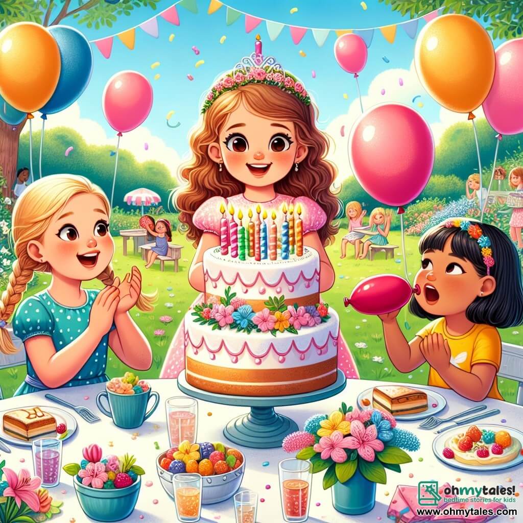 In the center of the image, Lily, a 7-year-old girl with curly brown hair and a pink polka-dot dress, joyfully smiles while holding a large birthday cake decorated with colorful candles. To her right, Mia, a 6-year-old girl with braided blonde hair and a blue dress, claps enthusiastically. On the left, Zoe, a 7-year-old girl with straight black hair and a yellow t-shirt, is inflating a red balloon, concentrating hard.

The setting is a beautiful sunny garden filled with colorful flowers and green trees. A large table is set with colorful plates and cups, and balloons float in the air, creating a festive atmosphere.

The main scene shows Lily surrounded by her friends, celebrating her birthday with a cake, balloons, and laughter as they prepare to sing "Happy Birthday."