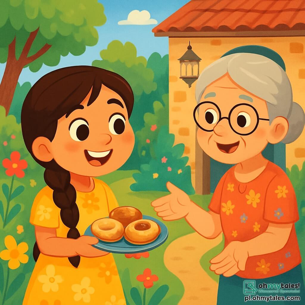 Osiemletnia dziewczynka, Laila, z długimi, splecionymi brązowymi włosami i ładną żółtą sukienką w kwiaty, uśmiecha się z błyszczącymi oczami pełnymi ekscytacji. Trzyma mały talerzyk wypełniony pysznymi ciastkami, gotowa wręczyć go swojej sąsiadce. Obok niej stoi starsza pani, Zosia, z siwymi włosami i okrągłymi okularami, w kwiecistej bluzce, uśmiechająca się ciepło, z otwartymi rękami, gotowa przyjąć prezent. Scena rozgrywa się w słonecznym ogrodzie, pełnym kolorowych kwiatów i zielonych drzew, z starą domem w tle, gdzie delikatnie migoczą latarnie. Laila stoi przed drzwiami domu Zosi, niecierpliwa i radosna, gotowa podzielić się chwilą szczęścia. Główna sytuacja pokazuje, jak Laila oferuje słodkości swojej sąsiadce, ilustrując magię dzielenia się podczas Ramadanu.