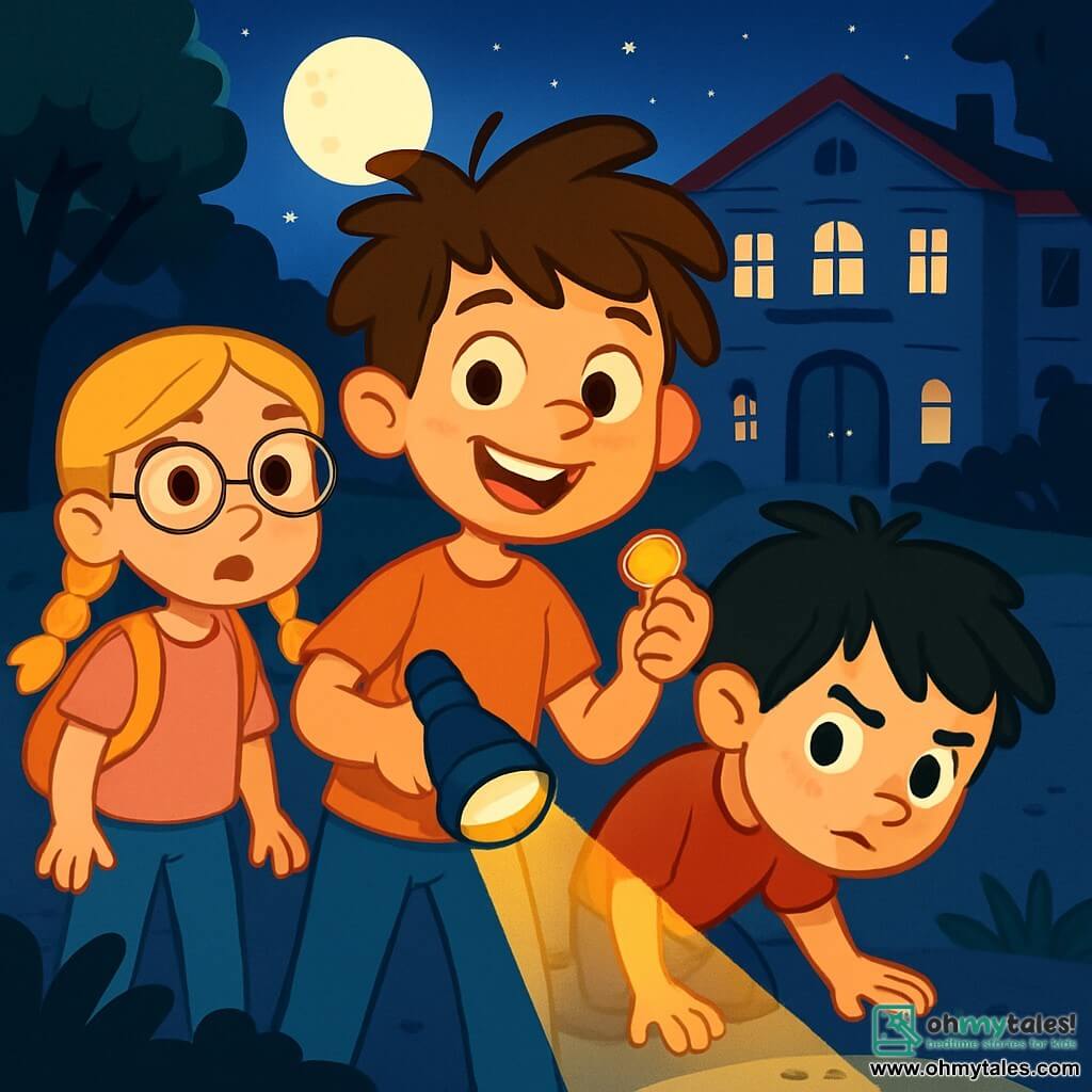 A 6-year-old boy, Ollie, with messy brown hair and a big curious smile, holds a flashlight in one hand and a golden button in the other. His eyes shine with excitement and adventure. Next to him, Mia, a 6-year-old girl with braided blonde hair and round glasses, looks around with an intrigued expression. Max, a 6-year-old boy with black hair and freckles, leans forward, scanning the ground as if searching for something. The setting is a dark schoolyard, with trees having dark leaves and a large school building in the background, illuminated by moonlight. Mysterious shadows dance on the walls, and stars twinkle in the night sky. Ollie, Mia, and Max stand together, ready to search for a secret blue door, with determined expressions on their faces, surrounded by mystery and excitement, eager to solve the puzzle ahead.