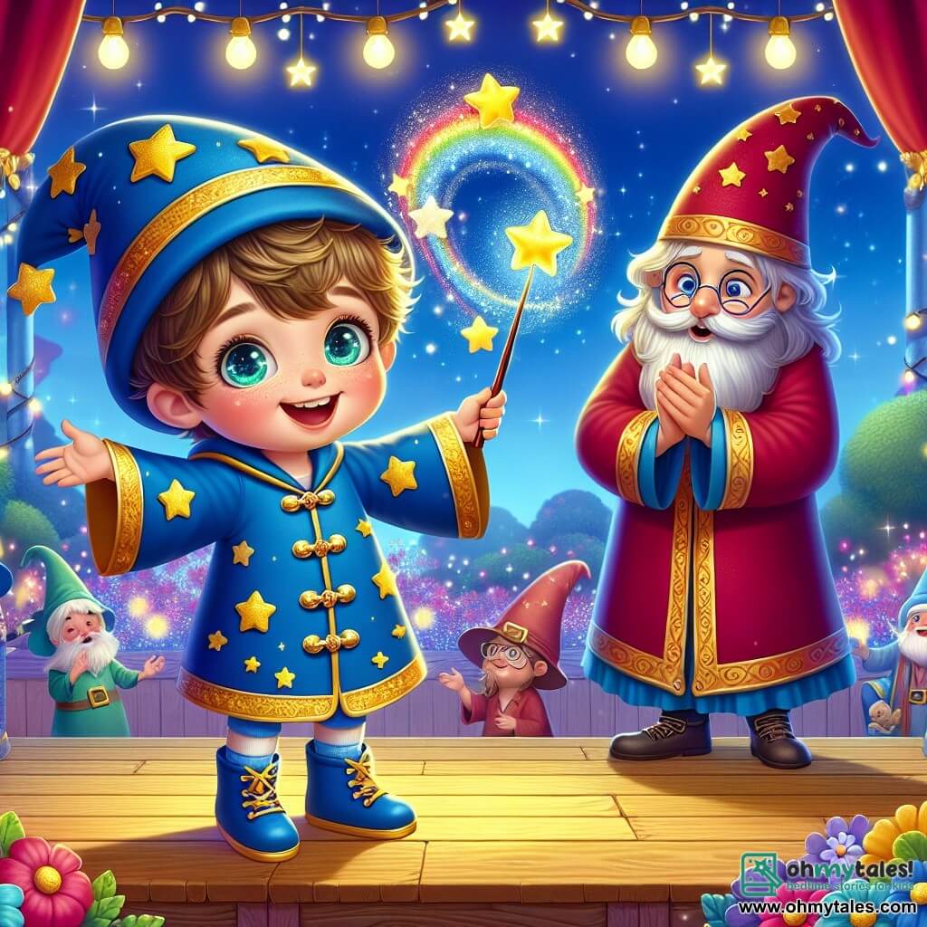 A five-year-old boy named Alex is an apprentice wizard with sparkling green eyes and a bright smile. He wears a small blue wizard robe adorned with golden stars and holds a shiny magic wand in his hand. He stands on a wooden stage with his arms raised, showing joy and excitement on his face. Next to him is a small wizard named Professor Whiskers, an elderly man with a long silver beard and a pointed hat, enthusiastically applauding. He wears a red wizard robe and has a kind expression, standing slightly back to encourage Alex. The setting is an enchanted garden filled with colorful flowers swaying with magic, under a blue sky dotted with fluffy clouds. Twinkling lights surround the stage, creating a festive atmosphere. The main scene shows Alex casting a magical spell, making a bright rainbow appear in the sky, while sparkling stars float around him, amazing the audience of wizards and witches surrounding him.