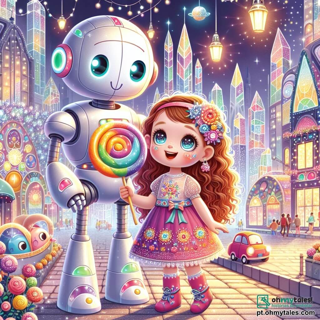 Uma menina de 4 anos, chamada Lila, com longos cabelos cacheados e olhos brilhantes de curiosidade, está no centro da cena, com um sorriso maravilhado no rosto. Ela usa um vestido colorido com estampas de flores e segura um grande pirulito multicolorido na mão. Ao seu lado está um robô amigável, o Robô Amigo, que é grande e brilhante, com luzes piscantes e um rosto sorridente, mostrando as maravilhas da cidade. O cenário é uma cidade futurista, com ruas pavimentadas de pedras cintilantes e edifícios de cristal que refletem a luz do sol, criando um arco-íris de cores. Carros flutuantes passam suavemente pelo ar, e flores cantantes decoram os jardins ao redor, adicionando um toque de magia à atmosfera. A cena principal mostra Lila e o Robô Amigo na linda Praça das Invenções, cercados por máquinas que fazem doces coloridos, enquanto dançam alegremente ao som das flores cantantes, cheios de encanto e felicidade.
