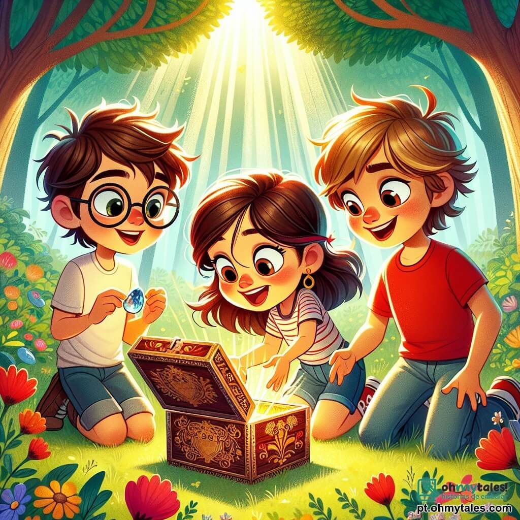 Em uma clareira ensolarada, três amigos estão reunidos. Ana, uma menina de 8 anos com longos cabelos castanhos e óculos redondos, segura uma pedrinha brilhante na mão, seu rosto iluminado pela excitação. Ao seu lado, Miguel, um menino de 7 anos com cabelos loiros bagunçados e uma camiseta vermelha, observa a pedrinha com olhos arregalados. Léo, um menino de 8 anos com cabelos castanhos e um sorriso travesso, se inclina para examinar uma caixa de madeira decorada com padrões florais, que está no centro da clareira. A clareira é cercada por árvores majestosas com folhas verdes vibrantes, e flores coloridas dançam suavemente ao vento. Os três amigos descobrem uma caixa misteriosa cheia de pedrinhas brilhantes e debatem sua origem, sorrindo e rindo juntos, prontos para desvendar o mistério desses tesouros escondidos.