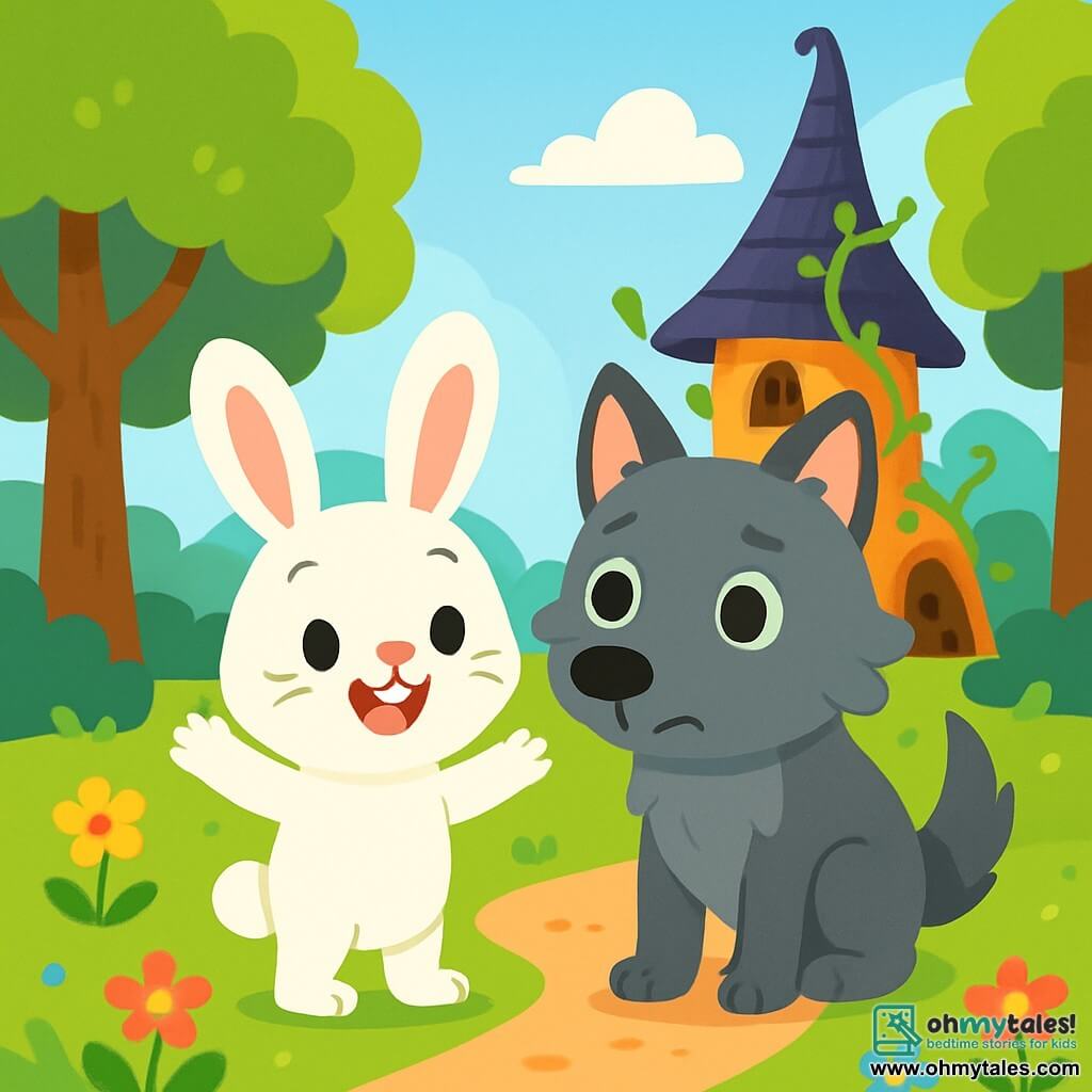 A small rabbit with large ears and soft white fur stands joyfully at the center of the scene, its bright eyes filled with excitement. It smiles widely, its little paws raised, ready to help its new friend. Next to it, a large gray wolf with gentle, sad eyes looks at the rabbit with hope, its relaxed posture showing it is not threatening. The setting is a sunny clearing surrounded by majestic trees with vibrant green leaves, dotted with colorful flowers dancing in the wind. In the background, a twisted, vine-covered witch's house adds a touch of mystery to the environment. The scene captures the moment when the rabbit and the wolf stand side by side, ready to face the witch together, illustrating their budding friendship and courage in the face of the unknown.
