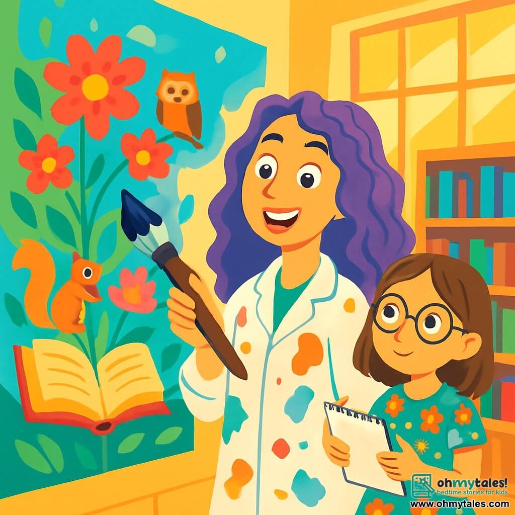 An artist, Miss Melody Brush, is at the center of the scene, with a radiant smile and sparkling eyes full of excitement. She has long, curly, purple-dyed hair and wears a white blouse splattered with colorful paint. She is holding a large brush, painting a beautiful mural on the library wall. Next to her, an 8-year-old girl, Clara, with brown hair and round glasses, watches in awe. She is wearing a floral dress and holding a sketchbook, ready to draw her ideas. The setting is a sunny library with large windows letting in golden light. The wall Miss Melody is painting is filled with bright colors, depicting a magical garden where books bloom like flowers, surrounded by curious animals like squirrels and owls. The main scene shows Miss Melody painting passionately while Clara, captivated, sketches ideas in her notebook. The atmosphere is joyful and creative, filled with vibrant colors and the energy of art in the making.