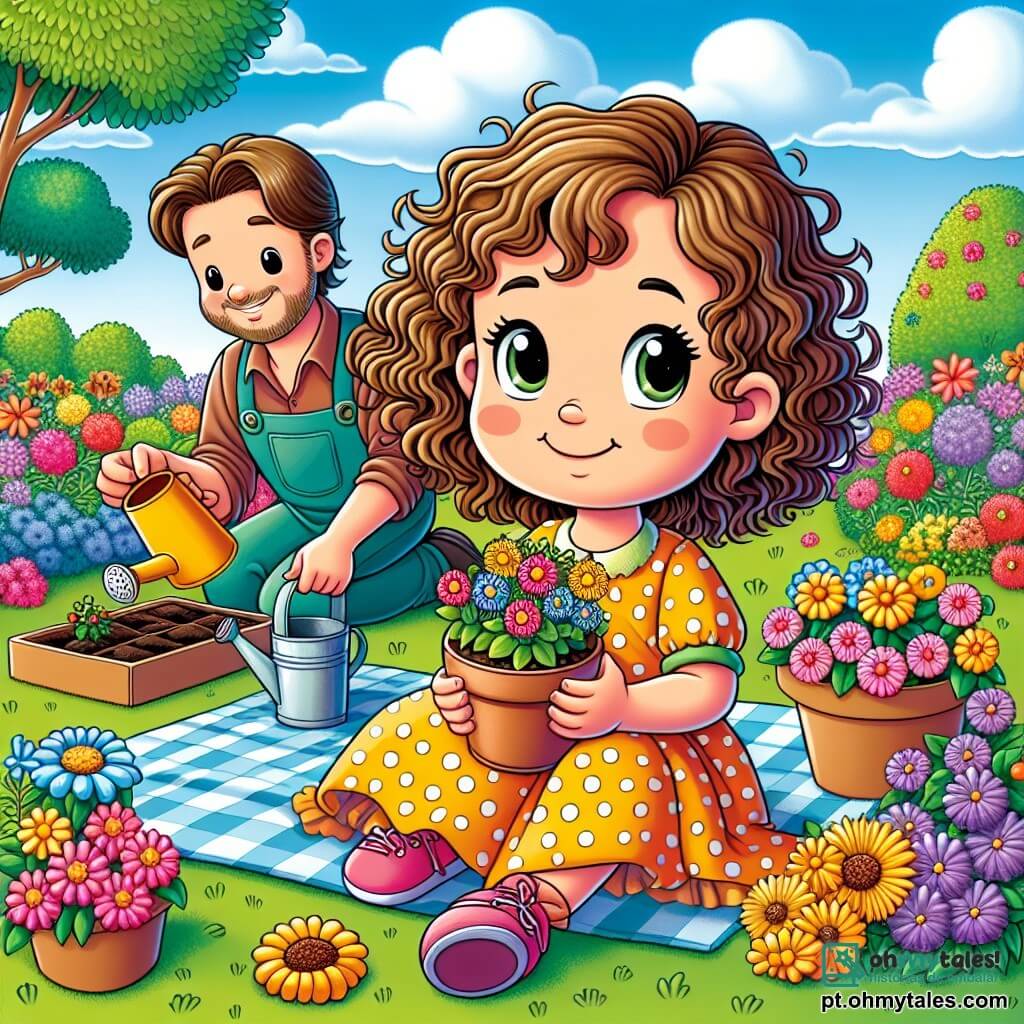 Uma menina de 6 anos, Lúcia, com cabelos cacheados e um grande sorriso, está sentada em um jardim colorido, cercada por flores vibrantes. Ela usa um vestido amarelo de bolinhas e parece feliz, segurando um pequeno vaso de terra com uma flor que acabou de plantar. Ao lado dela, sua mãe, uma mulher na casa dos trinta anos com cabelos longos e castanhos, sorri enquanto a observa, vestindo um avental e segurando um regador. O pai de Lúcia, um homem de cerca de 35 anos com cabelo curto e barba leve, está de pé um pouco mais longe, preparando um pequeno piquenique em uma toalha xadrez. O jardim está repleto de flores coloridas, árvores verdes e um céu azul claro, criando uma atmosfera alegre e acolhedora. A cena principal mostra Lúcia e seus pais compartilhando um momento de felicidade em família, cultivando flores juntos e fortalecendo seus laços.