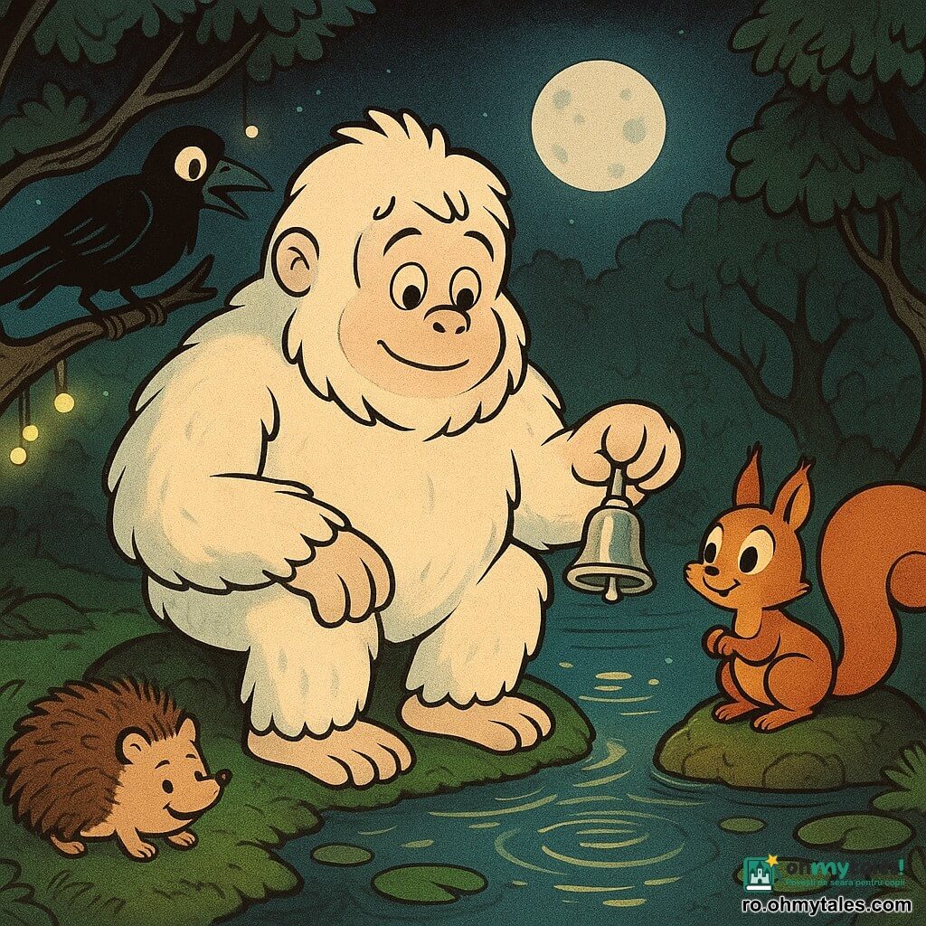 Un yeti numit Morm, mare și rotund, cu blană albă deasă, ochi blânzi și urechi mici, ține delicat un clopoțel perlat argintiu între degetele sale și îl face să sune deasupra apei; o veveriță femelă, Pufi, mică și roșcată cu coadă pufoasă, stă pe o piatră la dreapta yetiului și privește clopoțelul cu uimire; un arici numit Țepișor, o biluță mică cu țepi bruni, e strâns lângă laba stângă a yetiului; un corb negru, Ecouț, cu pene lucioase, stă pe o creangă joasă la stânga; locul este un mic iaz circular cu apă ca oglinda, maluri acoperite de mușchi verde smarald, nuferi și pietre mușcate, licurici galbeni plutind ca niște luminițe, iar peisajul de noapte, cu o lună palidă, are arbori torsionați, culori pastelate contrastate de nuanțe adânci și reflexii argintii, iar undele luminoase plecate de la clopoțel și chipurile liniștite creează o atmosferă caldă și magică.