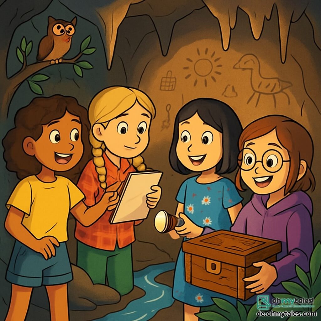 Es gibt vier Kinder: - Mia: ein 10-jähriges Mädchen mit braunen, lockigen Haaren, das ein gelbes T-Shirt und eine Jeansshorts trägt. Sie zeigt mit dem Finger auf ein kleines, geheimnisvolles Tier in einem Baum. - Lena: ein 10-jähriges Mädchen mit geflochtenen blonden Haaren, das ein rot kariertes Hemd und grüne Hosen trägt. Sie hält ein Skizzenbuch und betrachtet aufmerksam die Symbole an den Wänden der Höhle. - Sophie: ein 10-jähriges Mädchen mit glatten schwarzen Haaren, das ein blaues Blumenkleid trägt. Sie lächelt aufgeregt, während sie eine Taschenlampe hält, die den Weg beleuchtet. - Clara: ein 10-jähriges Mädchen mit kastanienbraunen Haaren und Brille, das einen lila Kapuzenpullover trägt. Sie hebt eine alte Holzkiste mit leuchtenden, neugierigen Augen an. Der Ort ist eine geheimnisvolle Höhle mit rauen Steinwänden, die mit alten Symbolen verziert sind. Stalaktiten hängen von der Decke, und ein kleiner Bach glitzert am Boden und reflektiert das Licht der Lampen der Kinder. Die Atmosphäre ist sowohl dunkel als auch magisch, voller Geheimnisse, die es zu entdecken gilt. Die Hauptsituation der Geschichte zeigt die vier Freundinnen, die eine alte Holzkiste entdecken, die hinter Pflanzen versteckt ist, mit staunenden Ausdrücken auf ihren Gesichtern. Sie sind von der Dunkelheit der Höhle umgeben, aber das Licht ihrer Lampen schafft eine warme und abenteuerliche Stimmung.