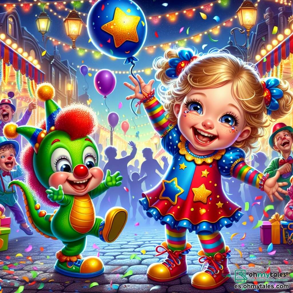 Una niña de 2 años, Clara, con grandes ojos brillantes y una sonrisa radiante, lleva un bonito disfraz de carnaval en colores vivos: rojo, azul y amarillo. Ella baila alegremente, con los brazos levantados hacia el cielo, rodeada de confeti colorido que cae a su alrededor. Junto a ella, un payaso feliz, de aproximadamente 5 años, con una nariz roja y cabello rizado multicolor, hace muecas y sostiene un globo en forma de estrella. Se inclina hacia adelante, riendo con Clara. Un pequeño dragón verde, con escamas brillantes y grandes ojos curiosos, vuela ligeramente sobre ellos, con sus alas brillantes reflejando las luces del carnaval. El decorado es una calle animada, adornada con guirnaldas luminosas y puestos coloridos, donde la gente ríe y baila. La situación principal muestra a Clara y sus amigos celebrando el carnaval, rodeados de música y risas, todos unidos en la alegría de este día mágico.