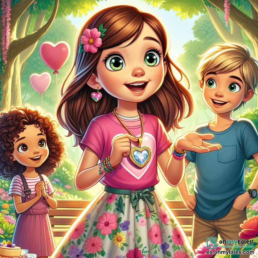 Clara, una niña de 11 años, está en el centro de la imagen, con largos cabellos castaños y ojos llenos de curiosidad. Lleva una camiseta rosa con un corazón dibujado y una falda de flores. Su rostro expresa gran emoción mientras sostiene un colgante en forma de corazón en sus manos, rodeada de sus amigos. Tomás, un niño de 11 años, está a su derecha, con cabello corto y rubio, vistiendo una camiseta azul. Sonríe mientras hace un gesto con la mano, como si propusiera una idea. Sofía, una niña de 10 años, está a la izquierda de Clara, con cabello rizado y un vestido colorido. Mira el colgante con asombro, sus ojos brillan de alegría. La escena ocurre en un parque soleado, lleno de flores coloridas y grandes árboles verdes. Hay globos en forma de corazón flotando en el aire y una gran mesa con pasteles y tarjetas de San Valentín. Clara y sus amigos celebran el Día de San Valentín, intercambiando tarjetas y risas, creando un ambiente alegre y festivo.