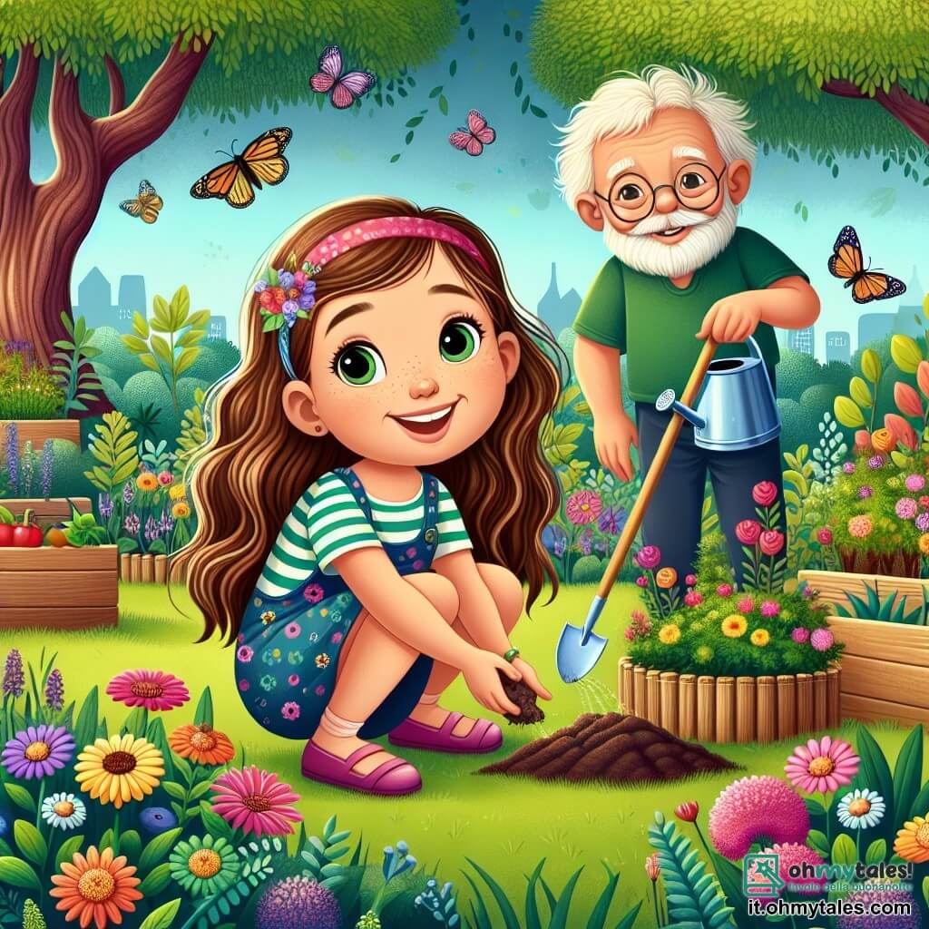 Una ragazza di 8 anni, Sofia, con lunghi capelli castani e occhi pieni di curiosità, è accovacciata in un giardino lussureggiante, circondata da fiori colorati e piante verdi. Sorride con entusiasmo, tenendo una piccola pala in una mano e un annaffiatoio nell'altra. Accanto a lei, il nonno, un uomo anziano con barba bianca e occhiali rotondi, sorride orgoglioso mentre le mostra come usare un sistema di irrigazione a goccia, stando leggermente indietro. Il giardino è un vero e proprio quadro vivente, con alberi maestosi, farfalle che svolazzano attorno ai fiori e un piccolo compost in legno sullo sfondo, dove resti di frutta e verdura si trasformano in terra fertile. La scena emana un'atmosfera di gioia e cooperazione, illustrando l'amore per la natura e l'importanza della protezione dell'ambiente. Sofia e il suo nonno stanno lavorando insieme per prendersi cura del loro giardino, creando un momento magico ed educativo.