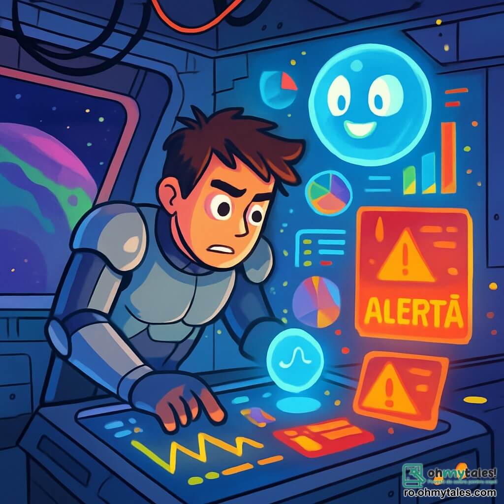 Un bărbat, Alex, în jur de treizeci de ani, cu părul castaniu în dezordine și ochi strălucitori de determinare, poartă un costum exo futurist argintiu. Este aplecat asupra unui panou de control luminos, iar fața îi este marcată de îngrijorare și concentrare. Lângă el, LUNA, o inteligență artificială reprezentată printr-un hologram flotant în formă de sferă luminoasă, proiectează grafice colorate și alerte clipește. Locul este o stație spațială modernă, cu pereți din metal strălucitor, feronerie panoramică oferind o vedere spectaculoasă asupra planetei Epsilon Prime, cu nuanțe violet și verde. Cablu electrice atârnă de tavan și lumini clipește, creând o atmosferă tehnologică și haotică. Situația principală îl arată pe Alex încercând să repare un sistem electric defect, în timp ce alarmele răsună în jurul său, subliniind urgența misiunii.