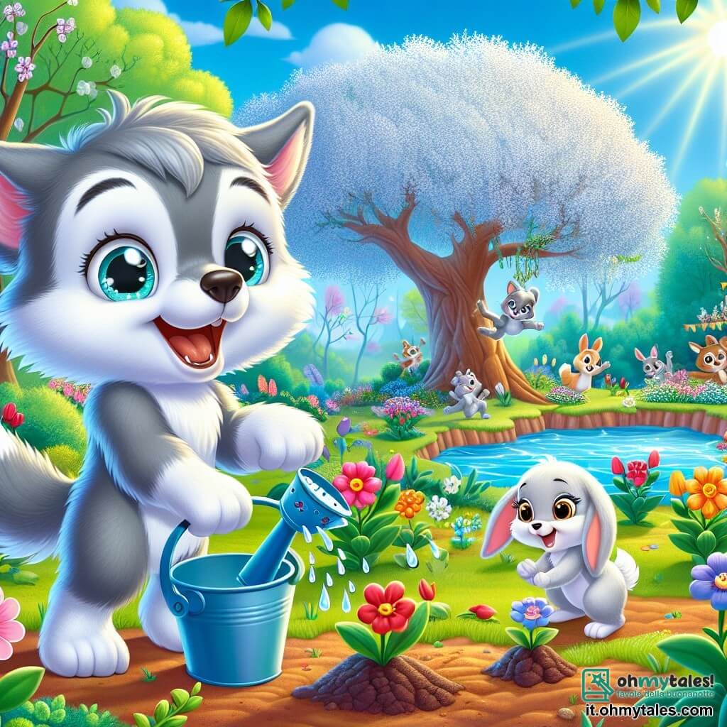 Un piccolo lupo di nome Lupoletto, con un morbido pelo grigio e occhi scintillanti di curiosità, sta piantando fiori colorati in un giardino soleggiato. Sorride con entusiasmo e gioia. Accanto a lui, la sua migliore amica, Lella la lepre, con il pelo marrone chiaro e grandi orecchie, salta felice mentre tiene un secchiello d'acqua, pronta ad annaffiare le piantine. Sullo sfondo, un maestoso albero con fiori bianchi e un cielo blu brillante creano un'atmosfera primaverile vivace. La scena si svolge vicino a un lago scintillante, dove altri animali si preparano per il festival di primavera, riempiendo l'aria di risate e canti gioiosi.