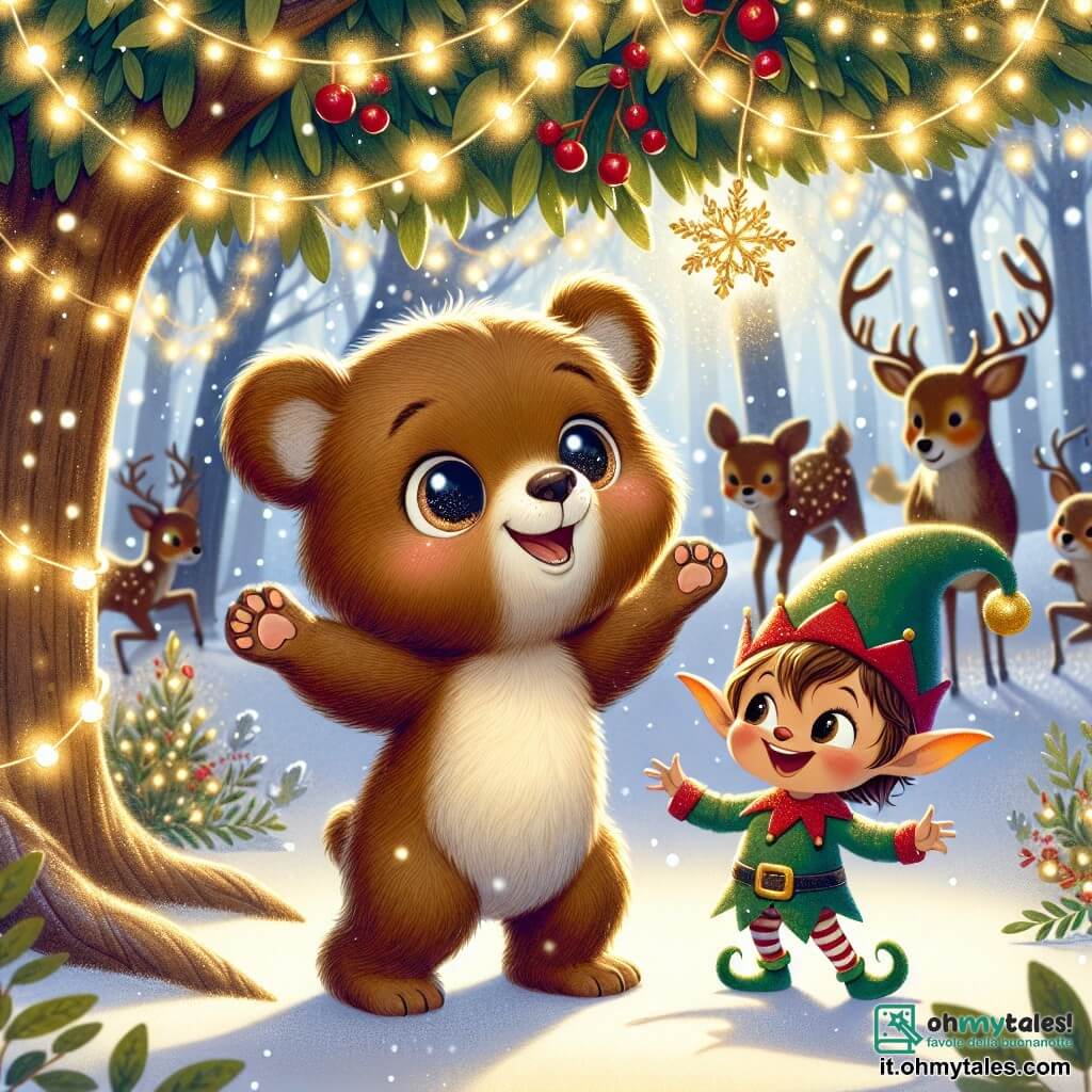 Un piccolo orso bruno di nome Bruno, con un pelliccia morbida e occhi scintillanti di curiosità, danza gioiosamente sotto un grande albero decorato con luci scintillanti e bacche rosse. Sorride ampiamente, con le zampe sollevate in aria, mentre fiocchi di neve cadono attorno a lui. Accanto a lui, un piccolo elfo di nome Elio, con un cappello a punta verde e lunghe orecchie, ride tenendo una ghirlanda di luci, aggiungendo un tocco di magia alla scena. Il paesaggio è una foresta incantata, con alberi coperti di neve brillante e una dolce luce dorata che emana dall'albero di Natale al centro della scena. Bruno ed Elio celebrano insieme la magia del Natale, circondati da luce e gioia, condividendo un momento di felicità e amicizia in questo luogo fiabesco.