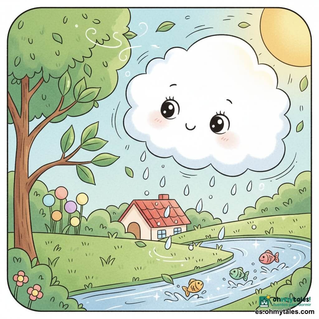 Una pequeña nube blanca y esponjosa (protagonista) con ojos grandes y sonrisa tímida, inclinada hacia delante, deja caer pequeñas gotas brillantes como perlas; un árbol joven y delgado a la izquierda, de hojas verde tierno que relucen, las acoge con ramas inclinadas; un arroyo claro y plateado abajo a la derecha, con peces de colores que saltan, brilla al recibir las gotas; bajo la nube se ve un techo de tejas rojas que da escala; el sol parcial arriba a la derecha proyecta luz cálida dorada, y el viento se insinúa con líneas curvas y hojas que se estremecen; lugar: jardín íntimo y colorido junto a una casita de techo rojo, césped suave, pocas flores, paleta pastel y contornos redondeados; situación: lluvia ligera y delicada que toca el árbol y el arroyo sin empaparlos, escena calma y tierna.
