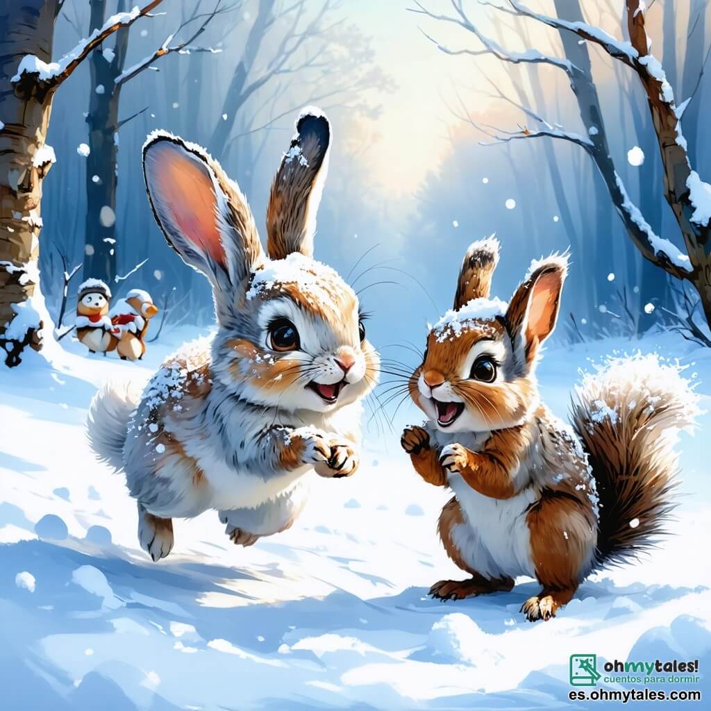 Un joven conejo de grandes orejas, con un pelaje suave y blanco como la nieve, salta alegremente en un paisaje invernal, sus ojos brillando de emoción y una gran sonrisa en su rostro. Junto a él, una pequeña ardilla de pelaje rojizo, con una cola espesa, ríe mientras rueda una bola de nieve, sus mejillas rosas delatando su entusiasmo. El escenario es un hermoso bosque nevado, donde los árboles están cubiertos de un espeso manto de nieve brillante, y copos de nieve caen suavemente del cielo azul claro. A lo lejos, un pequeño estanque medio congelado refleja la luz del sol, añadiendo un toque mágico a la escena. La situación principal muestra al conejo y a la ardilla construyendo un gran muñeco de nieve, rodeados de sus amigos animales, todos riendo y divirtiéndose juntos, creando un momento de alegría y amistad en pleno invierno.