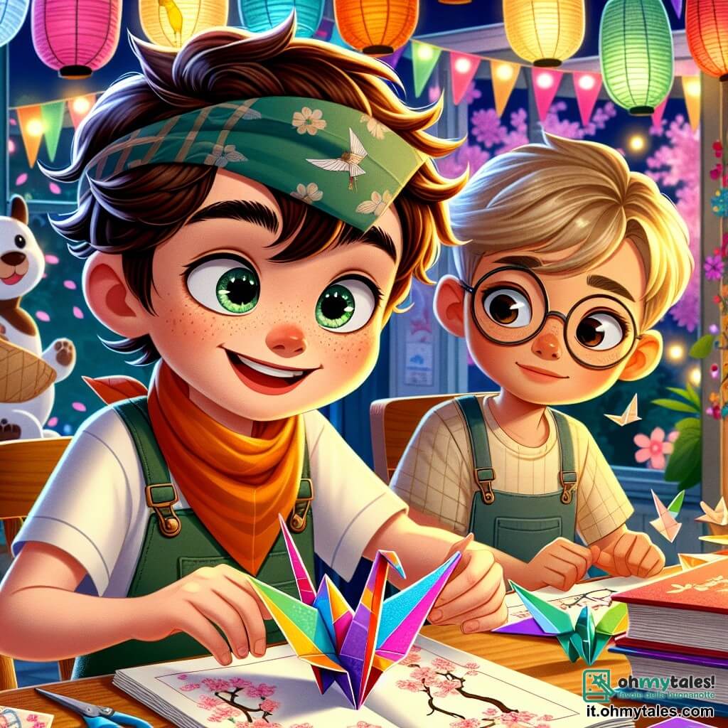 Un ragazzo di 8 anni, Matteo, con capelli castani in disordine e occhi scintillanti di curiosità, sta piegando un foglio di carta colorata per creare un origami a forma di gru. Sorride grande, pieno di eccitazione e orgoglio. Accanto a lui, il suo migliore amico Luca, anch'egli di 8 anni, con capelli biondi e occhiali rotondi, lo osserva attentamente mentre cerca di realizzare una rana di carta. Si trovano entrambi in una stanza luminosa decorata con disegni di ciliegi in fiore e lanterne giapponesi, piena di risate ed energia. La scena principale mostra i bambini immersi nell'apprendimento dell'arte degli origami, circondati da colori vivaci e un'atmosfera gioiosa, simbolo della loro avventura estiva al campo "Estate Magica".