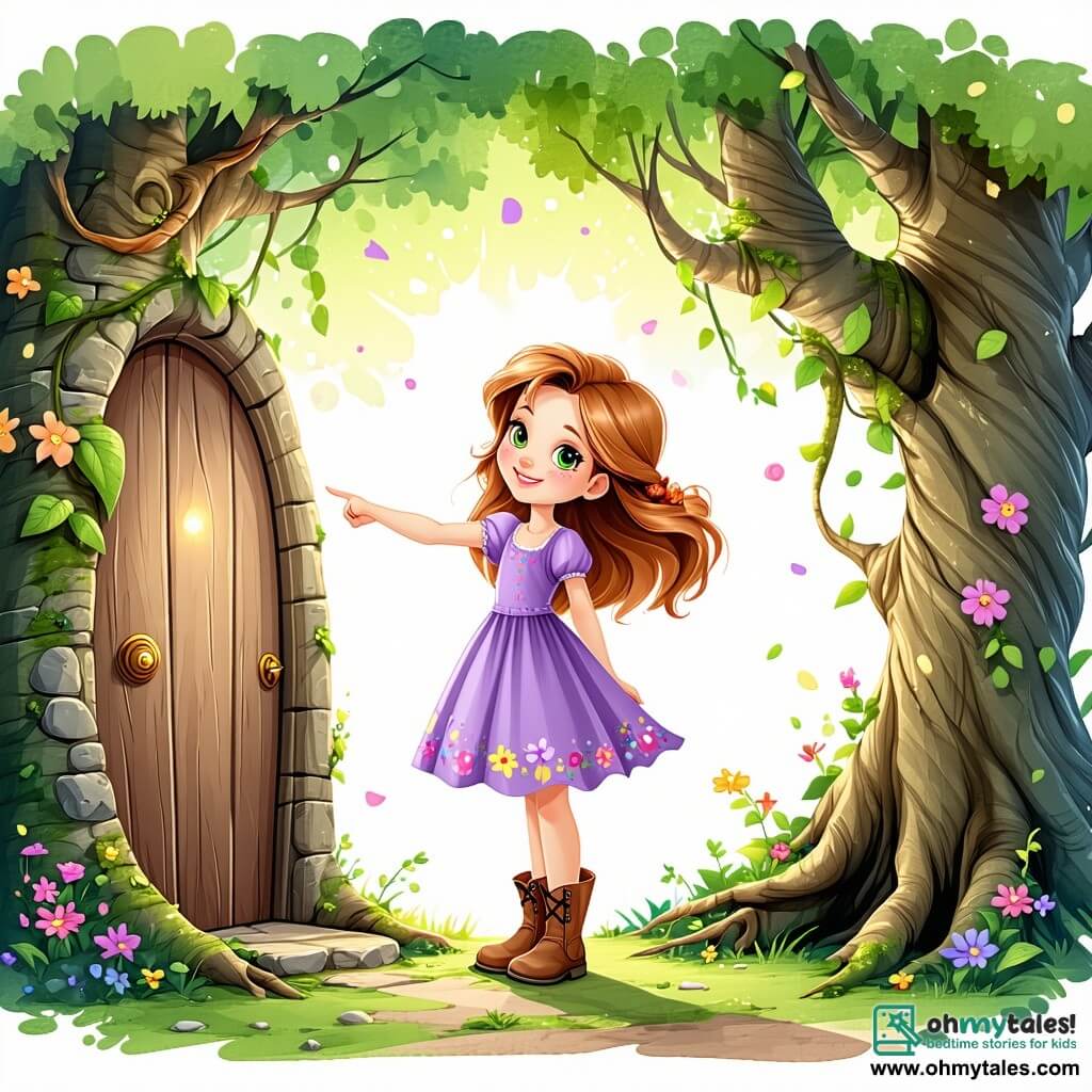 A 9-year-old girl named Lila, with flowing auburn hair and sparkling green eyes, stands in the center of an enchanted clearing, her face radiant with excitement and curiosity. She wears a purple dress adorned with colorful flowers and brown boots, holding an open storybook in one hand and pointing at an ancient tree with a wooden door. Beside her, Pippin, a small magical being with a rabbit's body and shimmering butterfly wings, joyfully flutters around her, his eyes gleaming with mischief. In the background, a wise owl named Tilly perches on a branch, observing the scene with a kind gaze, ready to share ancient tales. The clearing is surrounded by majestic trees with luminous leaves, and multicolored flowers carpet the ground, creating a fairy-tale atmosphere. Sunbeams filter through the foliage, bathing the scene in a soft golden light. Lila and Pippin are preparing to enter the mysterious tree, where a magical adventure awaits, while Tilly encourages them with a wise smile, creating an atmosphere of anticipation and camaraderie.