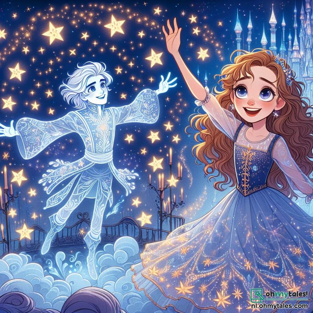Lila, een jong meisje van ongeveer 10 jaar met lang, krullend lichtbruin haar, draagt een blauwe jurk versierd met fonkelende sterren. Ze heeft een stralende glimlach op haar gezicht, vol verwondering en vreugde, terwijl ze danst onder een sterrenhemel, haar armen omhoogheffend naar de sterren die om haar heen schitteren. Naast haar zweeft een heldere geest, die eruitziet als een jongen van ongeveer 12 jaar, met zilverachtig haar en ogen die glinsteren als diamanten. Hij glimlacht warm naar Lila en moedigt haar aan om te dansen. De achtergrond is een prachtige nachtelijke hemel, vol fonkelende sterrenbeelden en een groot kasteel van wolken op de achtergrond, waarvan de muren van mist zijn en de torens schitteren als sterren. De hoofdscene toont Lila en de geest die samen dansen, omringd door duizenden vrolijk schitterende sterren, terwijl ze de magie van vriendschap en de herwonnen vreugde van de sterren vieren.