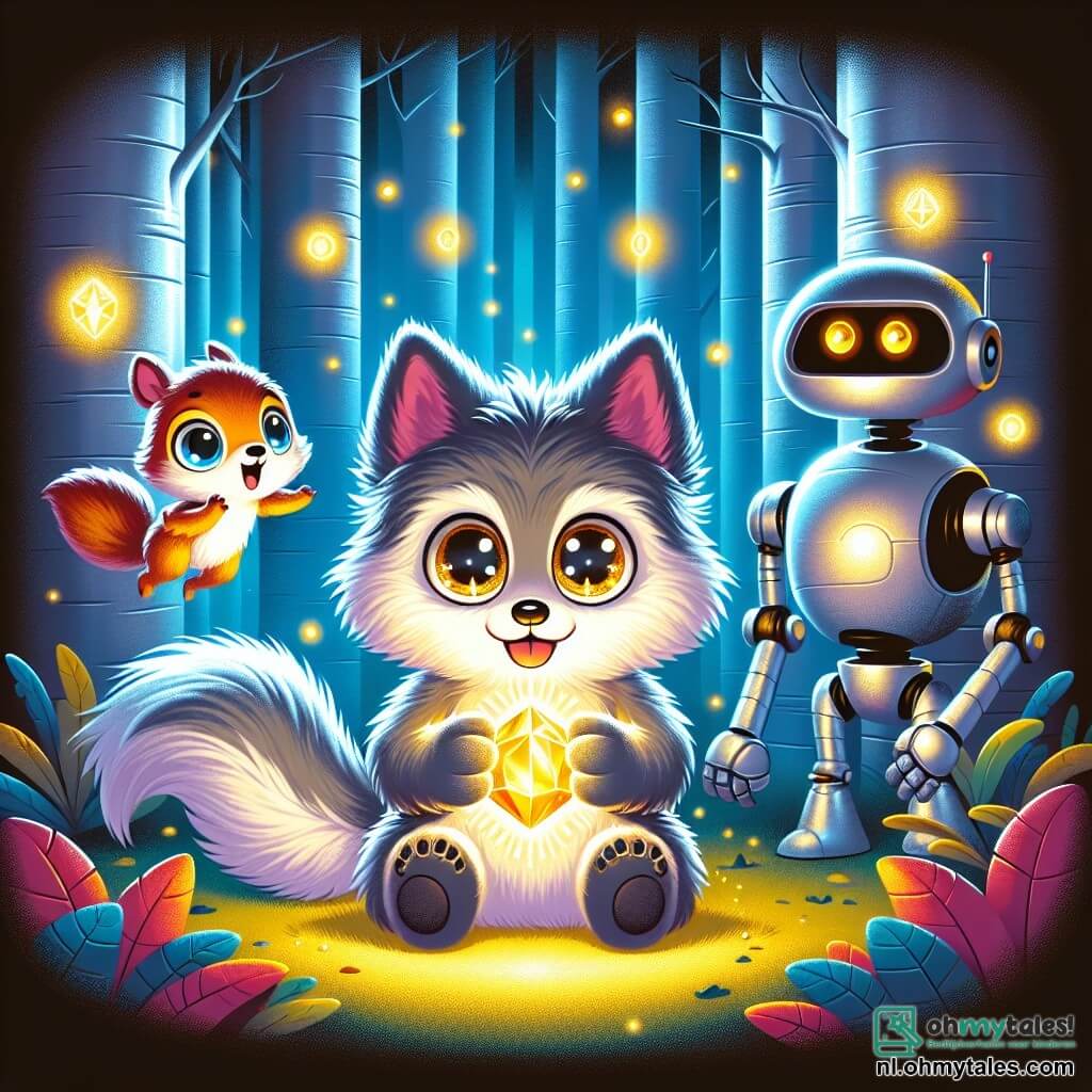 Lupo, een kleine wolf met glanzende ogen en een zachte, zijdeachtige vacht, staat in het midden van de afbeelding met een verwonderde uitdrukking op zijn gezicht. Hij houdt een fonkelende steen vast die een gouden licht uitstraalt en zijn nieuwsgierige gezicht verlicht. Links van hem springt Squeaky, een klein eekhoorntje met rossige vacht en grote oren, van blijdschap met wijdopen ogen en wijst enthousiast naar de steen. Rechts observeert Robo, een grote robot met ronde vormen en heldere ogen, Lupo met een vriendelijke glimlach, met zijn metalen armen gekruist en klaar om te helpen. De achtergrond is een mix van natuur en toekomst, met zilveren boomstammen en kleurrijke bladeren die in de lucht zweven. Lichtbellen zweven om hen heen en creëren een magische, feeërieke sfeer. De belangrijkste situatie toont Lupo die de magische steen ontdekt, klaar om deze te gebruiken om door de tijd te reizen, terwijl zijn vrienden hem aanmoedigen en verwonderd zijn over deze ongelooflijke ontdekking.