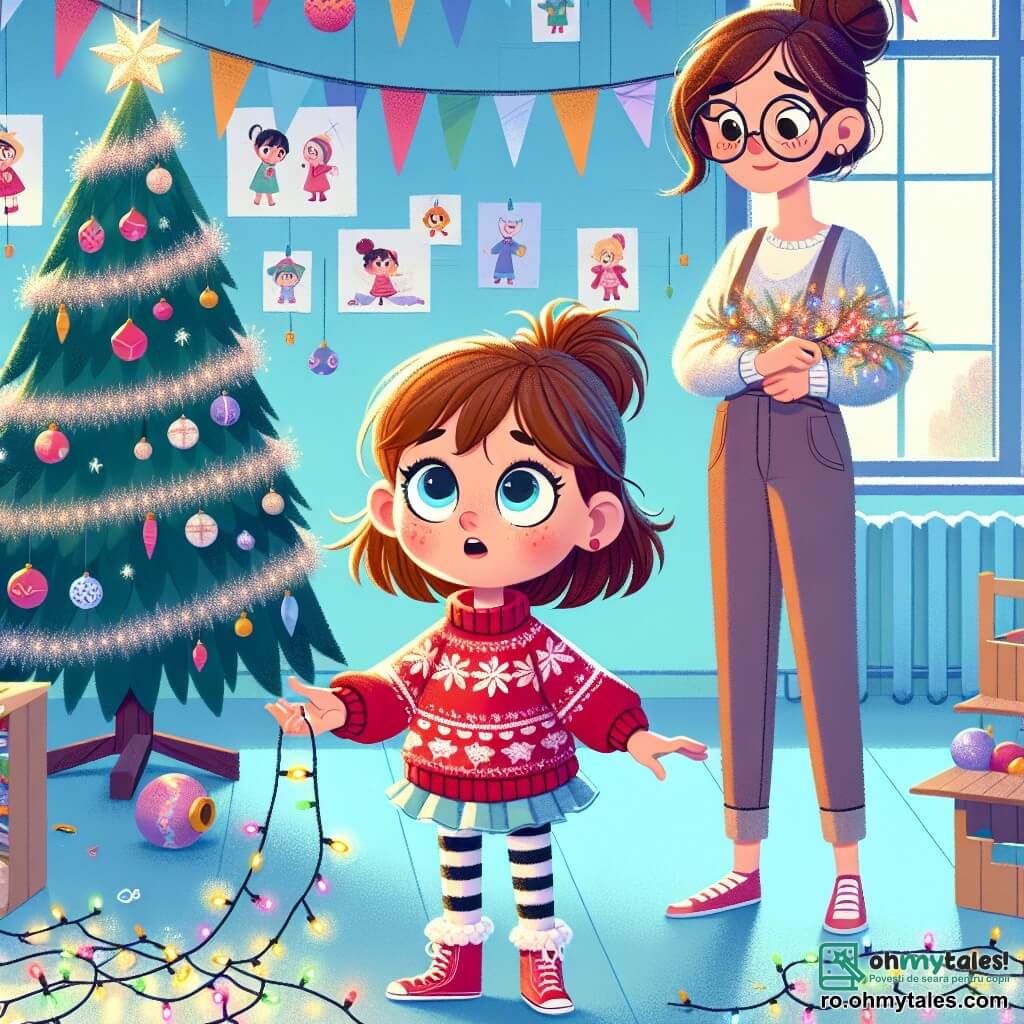 O fată de 12 ani, Ana, cu părul castaniu deschis și ochi strălucitori de curiozitate, stă în fața unui brad de Crăciun decorat, cu fața iluminată de entuziasm și speranță. Poartă un pulover roșu cu fulgi de zăpadă și colanți în dungi, în timp ce întinde mâna spre un fir de lumină împrăștiat pe jos, având un aer hotărât și puțin îngrijorat. Lângă ea, doamna Gherghel, o femeie de aproximativ 40 de ani, cu părul brun prins în coc și ochelari rotunzi, observă scena, având brațele încărcate cu decorațiuni strălucitoare. Zâmbește cald, dar privirea ei trădează o ușoară îngrijorare. Scena se desfășoară într-o sală de clasă a orfelinatului, cu pereții vopsiți în albastru deschis, cu ghirlande din hârtie și desene ale copiilor agățate. Un brad mare de Crăciun se află în centrul camerei, înconjurat de jucării colorate și fulgi de zăpadă din hârtie. Ana descoperă dezastrul: ghirlanda luminoasă este în dezordine, iar un mic rozător curios s-a încurcat în fire. Se apleacă cu grijă, pregătită să ajute micuțul intrus în timp ce încearcă să salveze magia Crăciunului.