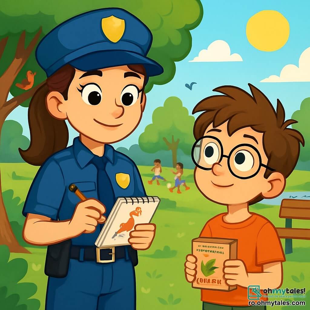 O tânără polițistă, Maria, stă într-un parc însorit, cu un zâmbet hotărât și ochi strălucitori de curiozitate. Poartă o uniformă bleu marin bine ajustată, cu o curea unde îi este prinsă insigna strălucitoare. Părul ei castaniu este prins într-o coadă de cal îngrijită, iar în mână ține un carnet de notițe, pregătită să scrie. Lângă ea se află Darius, un băiat de 10 ani cu părul castaniu în dezordine și ochelari mari rotunzi. El o privește pe Maria cu admirație, ținând în mâini o cutie mică de semințe de floarea-soarelui, pregătit să-l atragă pe papagalul Coco. Parcul este verde, cu copaci mari, bănci din lemn și un lac strălucitor în depărtare. Copiii se joacă cu mingea pe iarbă, iar păsările cântă în crengi. Scena îi arată pe Maria și Darius în acțiune, căutându-l pe Coco, papagalul dispărut, în timp ce soarele strălucește, creând o atmosferă veselă și plină de aventură.