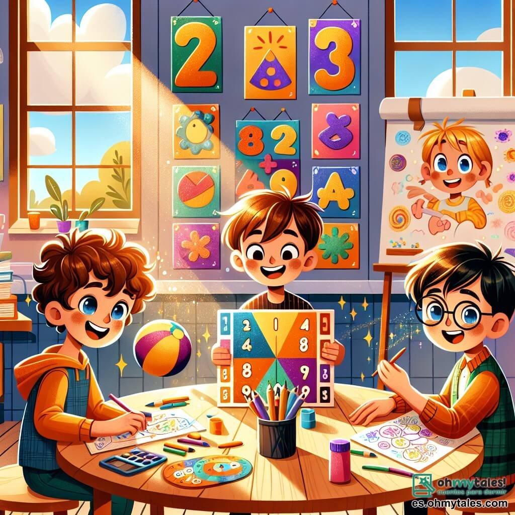 En un aula luminosa y colorida, vemos a cuatro niños. A la izquierda, **Dani**, un niño de 8 años con cabello rizado y una gran sonrisa, sostiene un tablero de juego colorido. A su lado, **Lucas**, un niño de 9 años con cabello castaño y gafas redondas, mira atentamente las reglas del juego que escribe en una hoja. En el centro, **Mateo**, un niño de 8 años con cabello corto y una gorra, juega con una pelota mientras se ríe. Finalmente, a la derecha, **Tomás**, un niño de 9 años con cabello castaño y un audífono, dibuja ilustraciones mágicas en su cuaderno, representando números animados. La clase está decorada con carteles coloridos sobre matemáticas y ciencias, con ventanas que dejan entrar la luz del sol, iluminando los rostros alegres de los niños. Las mesas de madera están dispuestas en círculo, y hay lápices y marcadores esparcidos a su alrededor. La situación principal muestra a los niños presentando su juego de mesa titulado "La Aventura Matemática en el Reino de los Números", donde explican con entusiasmo cómo los números pueden ser divertidos y mágicos, cautivando la atención de sus compañeros de clase que los rodean, listos para jugar.