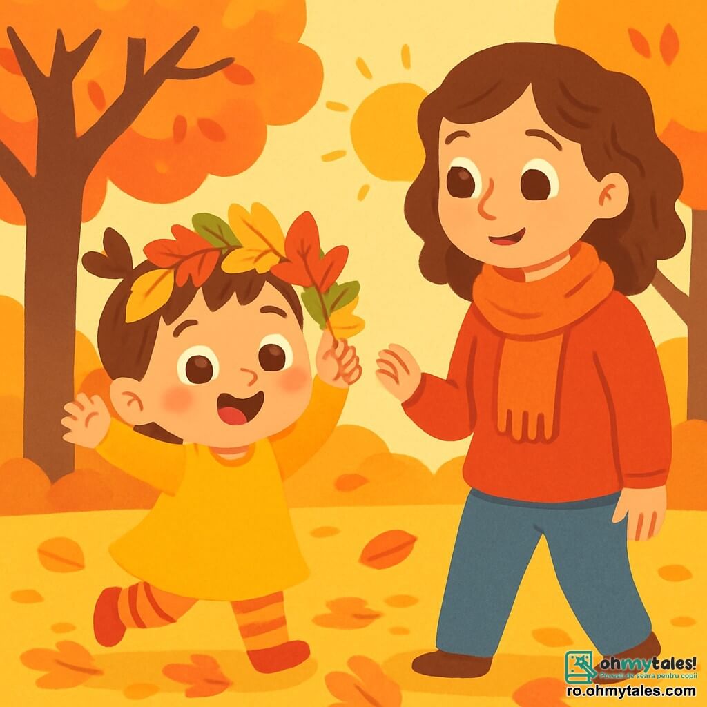 O fetiță de 2 ani, cu ochi mari și strălucitori și obraje roz, zâmbește fericită ținând o coroniță din frunze colorate. Ea poartă o rochie galbenă strălucitoare și colanți cu dungi, dansând pe un covor de frunze aurii. Lângă ea, mama ei, o femeie de aproximativ 30 de ani, cu părul castaniu și creț, o privește cu un zâmbet blând, purtând un pulover roșu și un fular din lână. Ele se află într-un parc în toamnă, unde copacii sunt acoperiți cu frunze roșii, portocalii și galbene, iar soarele strălucește ușor printre crengi. Fetița și mama ei se distrează împreună, bucurându-se de magia toamnei dansând și râzând printre frunzele căzute.