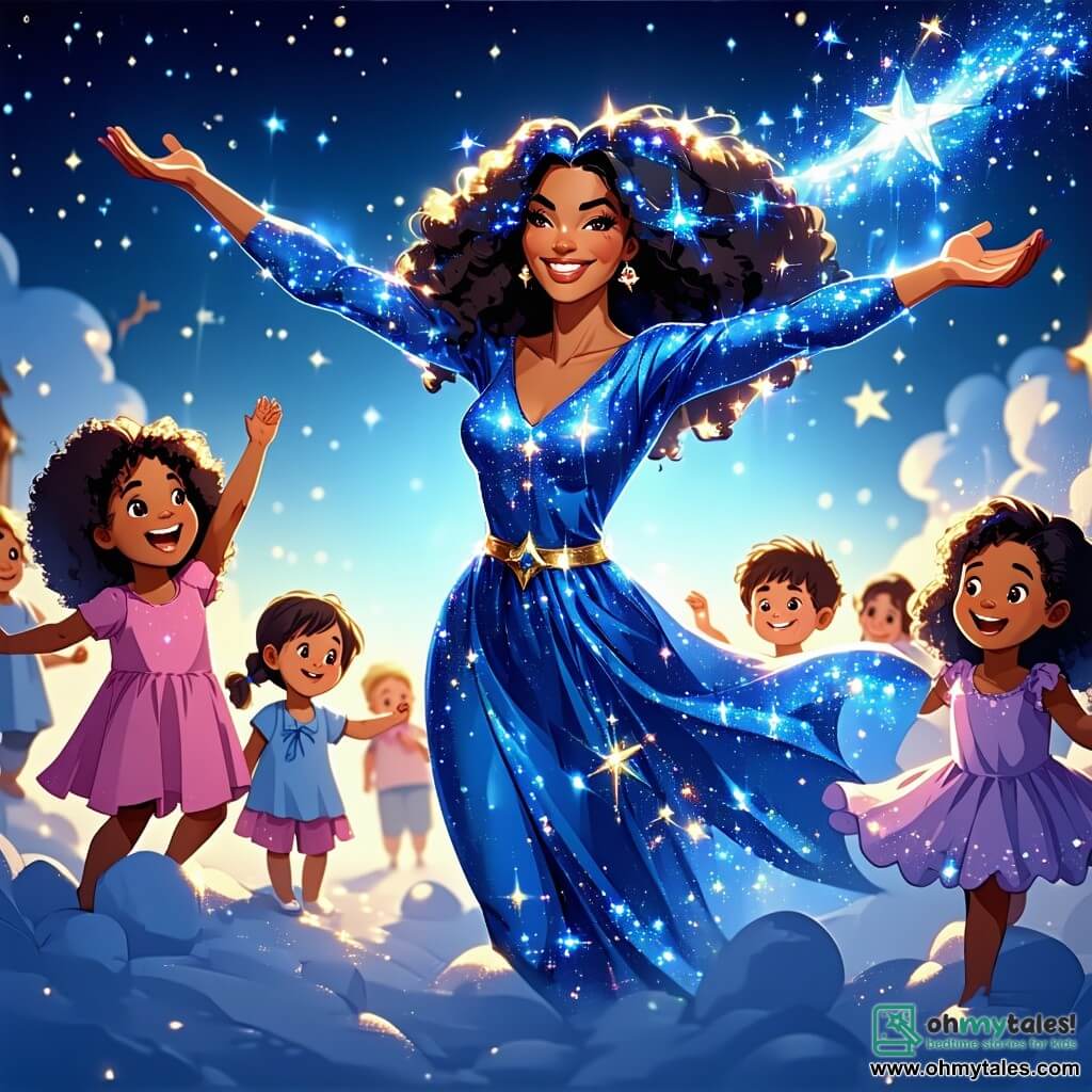 Super Starry, a heroic woman with sparkling star-like hair, wears a shiny blue costume adorned with twinkling stars. She smiles with determination, floating in the air with her arms open, ready to bring light. Beside her, a group of joyful children aged 6 to 8 watches in awe. A little girl with curly hair in a pink dress raises her arms in encouragement, while a boy in glasses and a green t-shirt claps enthusiastically. The scene takes place in the charming town of Twinkleton, where colorful houses with sloped roofs stand under a blue sky dotted with fluffy white clouds. Multicolored flowers line the cobblestone streets, and majestic trees sway gently in the breeze. The main situation shows Super Starry flying towards the clouds, asking them to part for the sun, while the children below watch with hopeful and excited faces.