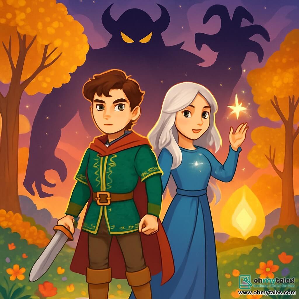 A young man, Prince Aiden, stands at the center of the image, with wavy brown hair and emerald eyes sparkling with determination. He wears a green velvet tunic adorned with golden patterns, and his face shows resolute bravery. Beside him is a young girl, Lyra, about 16 years old, with long silver hair and star-like bright eyes, raising her hand to release a spark of magic, her expression full of confidence and mystery. Their feet rest on a sparkling ground in the enchanted valley, where colorful flowers dance in a gentle breeze, and majestic trees with golden leaves rise around them. In the background, the Phoenix Stone shines brightly, emitting a warm light that illuminates the landscape. The main situation shows Aiden and Lyra preparing to face a massive shadow guardian, whose threatening silhouette looms behind them, creating palpable tension in the air. The sky is tinged with shades of purple and gold, adding a magical atmosphere to this heroic scene.