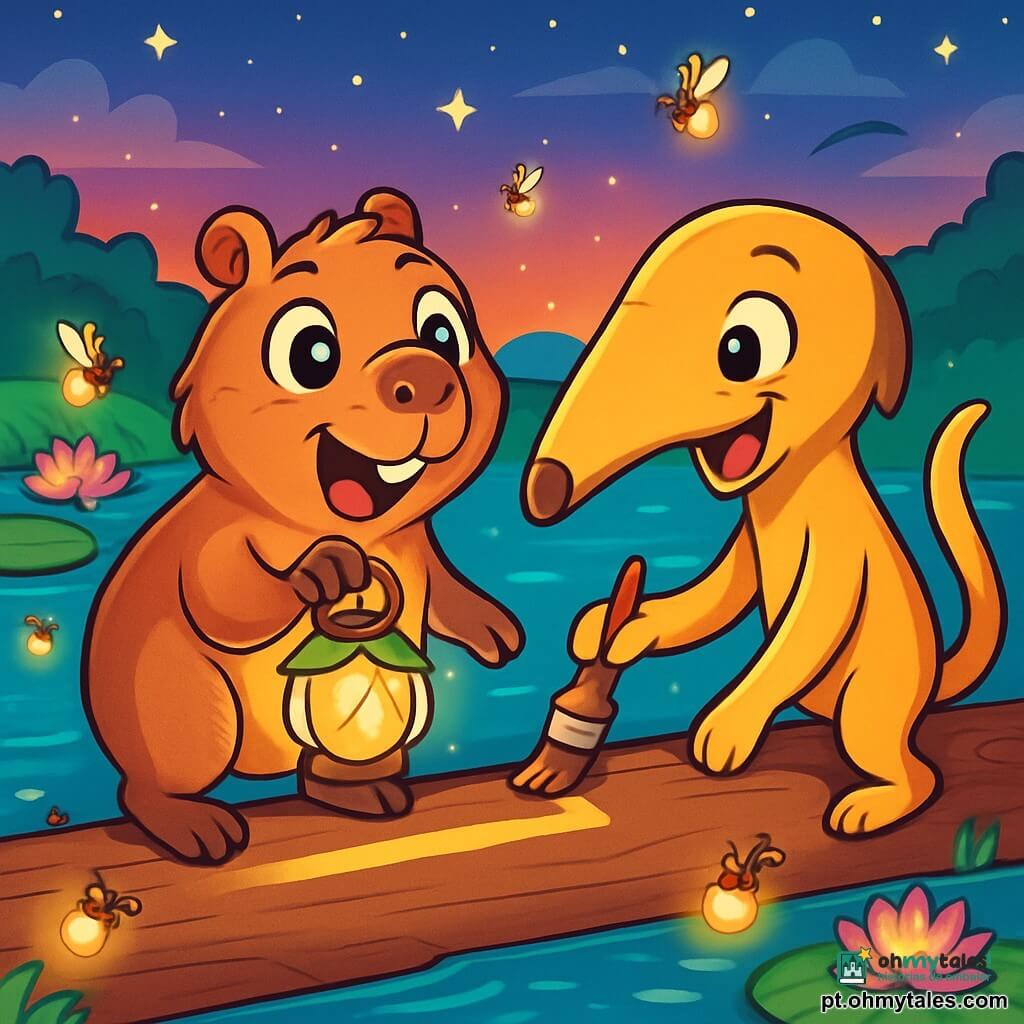 Tico, uma capivara jovem de pelagem castanho claro e grandes olhos brilhantes, está em um tronco de madeira acima de uma água cintilante, com uma expressão de excitação e impaciência. Ele segura uma pequena lanterna feita de folhas translúcidas, iluminando seu rosto sorridente. Ao lado dele, Lia, um tamanduá mirim de patas longas e focinho curioso, exibe um sorriso alegre enquanto pinta uma linha de segurança no tronco com um pequeno pincel, seus olhos brilhando de entusiasmo. Ao fundo, a cena acontece à beira de uma linda lagoa, cercada por flores de vitória-régia coloridas, sob um céu crepuscular onde as estrelas começam a brilhar. A situação principal mostra Tico e Lia se preparando para a travessia, cercados por lanternas de vagalumes que dançam ao redor, criando uma atmosfera mágica e calorosa, cheia de amizade e cooperação.