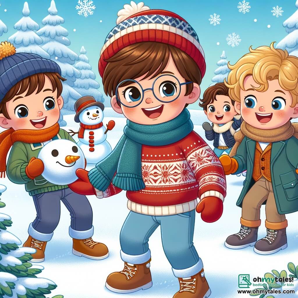 Three boys, Alex, Jamie, and Sam, around 10 years old, stand in the center of the scene. Alex, with brown hair and glasses, wears a big red sweater and a blue beanie, smiling joyfully while holding a snowball. Jamie, with curly blonde hair, is dressed in a green jacket and a yellow scarf, laughing as he prepares to throw a snowball at Alex. Sam, with brown hair and a mischievous smile, wears a navy coat and orange gloves, standing slightly back, ready to join the snowball fight. They are in a snowy park, surrounded by trees covered in sparkling snow, with a large smiling snowman in the background, adorned with a red scarf and a top hat. The sky is a clear blue with fluffy white clouds, and the ground is covered in a thick layer of snow, perfect for playing. The scene captures the joyful moment as the boys are about to engage in a snowball fight, their faces lit up with excitement and happiness, embodying the playful spirit of winter.