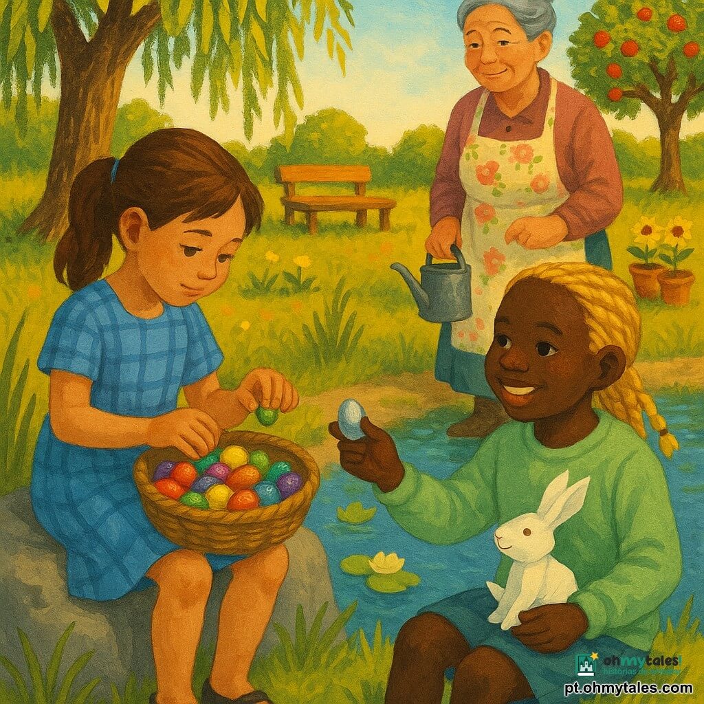 Três personagens: uma menina de ~9 anos, cabelo castanho preso em rabo de cavalo, vestindo vestido xadrez azul, sentada à esquerda numa pedra junto ao lago com uma cesta de vime cheia de ovos de chocolate que ela separa por cor; outra menina de ~8 anos, cabelos loiros em tranças, sweat verde claro, sentada à direita, segura um coelhinho de origami branco com um ponto dourado no olho e oferece um ovo de chocolate prateado; uma avó de ~70 anos, cabelos grisalhos em coque, avental florido, em pé atrás das meninas junto a um salgueiro, observando com um regador de metal. Cenário: margem de um pequeno lago calmo com pedras cinzentas, juncos e nenúfares, uma macieira antiga e um banco de madeira ao fundo, relva baixa e algumas flores; luz dourada de fim de tarde, sombras longas, atmosfera serena; detalhes visíveis: brilho do papel dos ovos, textura da madeira e gotas de água nas folhas.