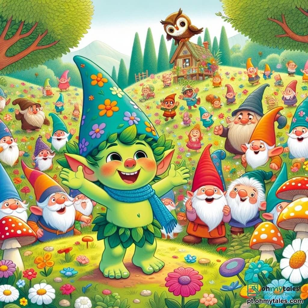 Trolínho, um pequeno troll verde com grandes orelhas em forma de folhas, usa um chapéu colorido e um cache-col azul. Ele tem um grande sorriso no rosto, transbordando alegria, e dança com entusiasmo no meio de um grupo de animais engraçados. Dona Coruja, uma sábia coruja com penas marrons e douradas, está empoleirada em um galho, observando com um olhar divertido, seus olhos redondos brilhando de curiosidade. O local é a Colina dos Gnomos, uma pradaria verdejante salpicada de flores coloridas e cogumelos, com gnomos alegres dançando ao redor de Trolínho, criando uma atmosfera festiva. A cena principal mostra Trolínho celebrando sua descoberta do chapéu da alegria, cercado de risos e cores, enquanto os gnomos e os animais dançam e se divertem ao seu redor, preenchendo o ar com felicidade e risadas.