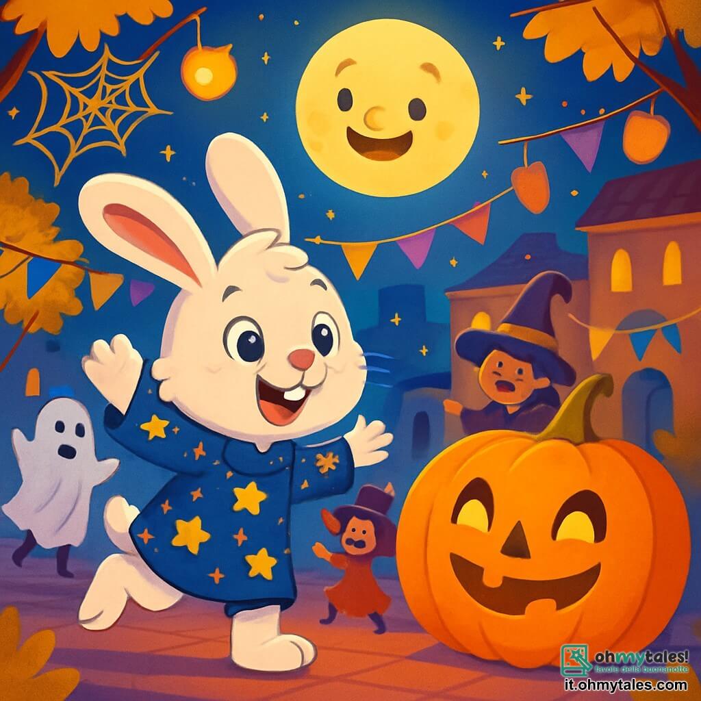 Un coniglietto di nome Benny, con un pelo morbido e bianco, indossa un costume scintillante con stelle dorate. Ha occhi brillanti di curiosità e un grande sorriso gioioso, ballando sotto la luce della luna. Accanto a lui, una grande zucca parlante, arancione con un volto amichevole e occhi scintillanti, sorride e illumina la scena con la sua luce calda. Sullo sfondo, bambini travestiti da fantasmi e streghe ridono e ballano, aggiungendo magia all'atmosfera festiva. Il luogo è una piazza incantevole decorata con lanterne colorate e ragnatele scintillanti, con alberi dalle foglie dorate. La scena principale mostra Benny e i suoi amici che celebrano Halloween, circondati da risate e gioia, in una notte stellata piena di sorprese.