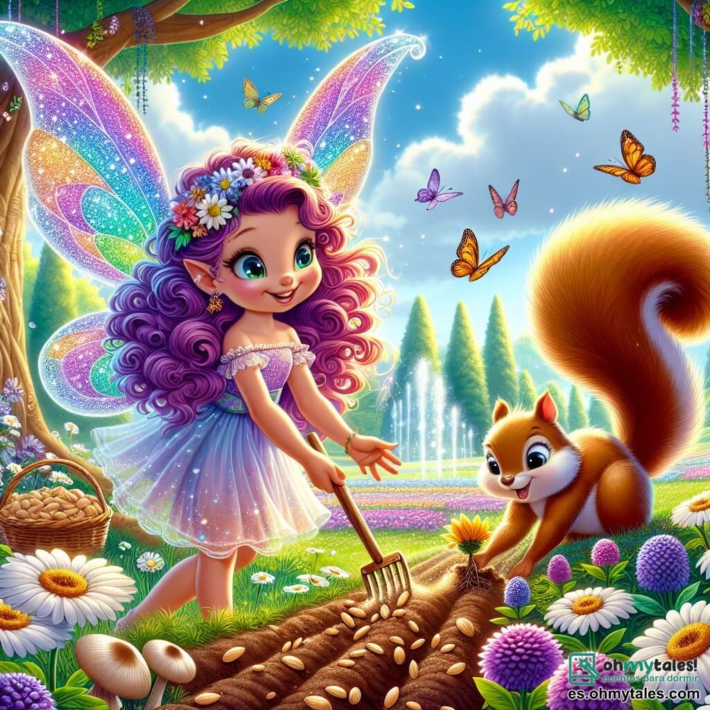 En un jardín encantado, una pequeña hada llamada Lila, con alas brillantes de colores del arcoíris, está plantando semillas con una gran sonrisa en su rostro. Sus largos y rizados cabellos de un violeta brillante flotan suavemente en el viento primaveral. A su lado, un travieso ardillón llamado Nino, con pelaje marrón y ojos chispeantes de curiosidad, rastrilla el suelo con su pequeña cola en forma de penacho, mostrando una expresión alegre y entusiasta. El jardín está lleno de flores coloridas, margaritas blancas, violetas moradas y caléndulas doradas, rodeadas de exuberante vegetación y majestuosos árboles, bajo un cielo azul claro salpicado de nubes esponjosas. La escena principal muestra a Lila y Nino preparándose para la fiesta de la primavera, con semillas esparcidas a su alrededor y risas resonando en el aire, simbolizando el asombro y la magia de esta nueva temporada.