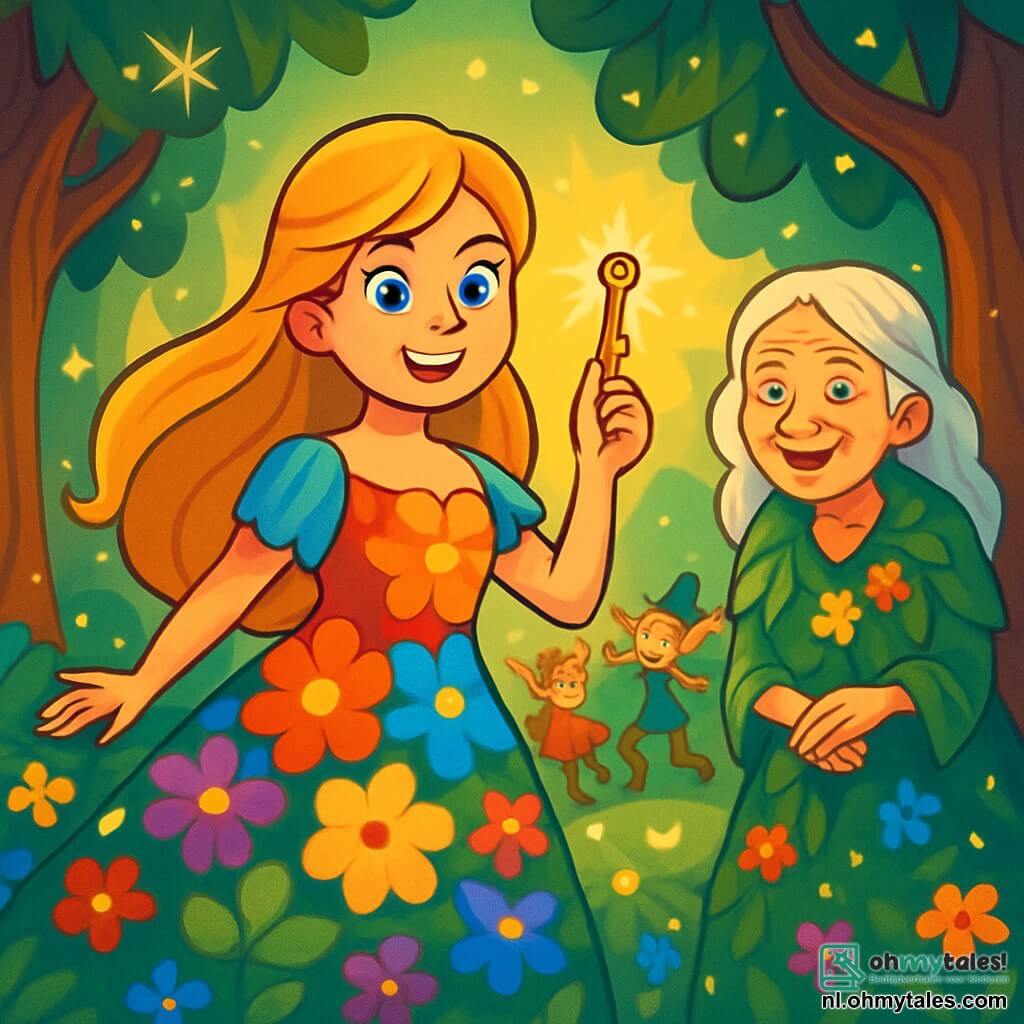 Elara, een jonge vrouw met lang, goudkleurig haar, draagt een jurk met kleurrijke bloemen die om haar heen danst. Haar gezicht straalt vastberadenheid en vreugde uit, met ogen die schitteren als saffieren. Ze staat in het midden van een betoverende open plek, omringd door gouden licht, met een kleine glinsterende sleutel in haar hand. Aan haar rechterkant staat een wijze oude vrouw van ongeveer 70 jaar, met zilvergrijs haar en een jurk van bladeren en bloemen, die warm glimlacht, met een ondeugende twinkeling in haar ogen. Ze lijkt Elara aan te moedigen, iets op de achtergrond, in de schaduw van majestueuze bomen. De plek is een magische open plek, verlicht door zacht licht, met reusachtige bomen met knoestige stammen en glanzende bladeren die schitteren als sterren. Kleurrijke bloemen en vuurvliegjes dansen in de lucht, wat een feeërieke sfeer creëert. De belangrijkste situatie toont Elara die zich voorbereidt om de vraag van de oude eik te beantwoorden, omringd door vibrerende magie, terwijl de elfen vrolijk op de achtergrond dansen, wat bijdraagt aan de betovering van dit cruciale moment.