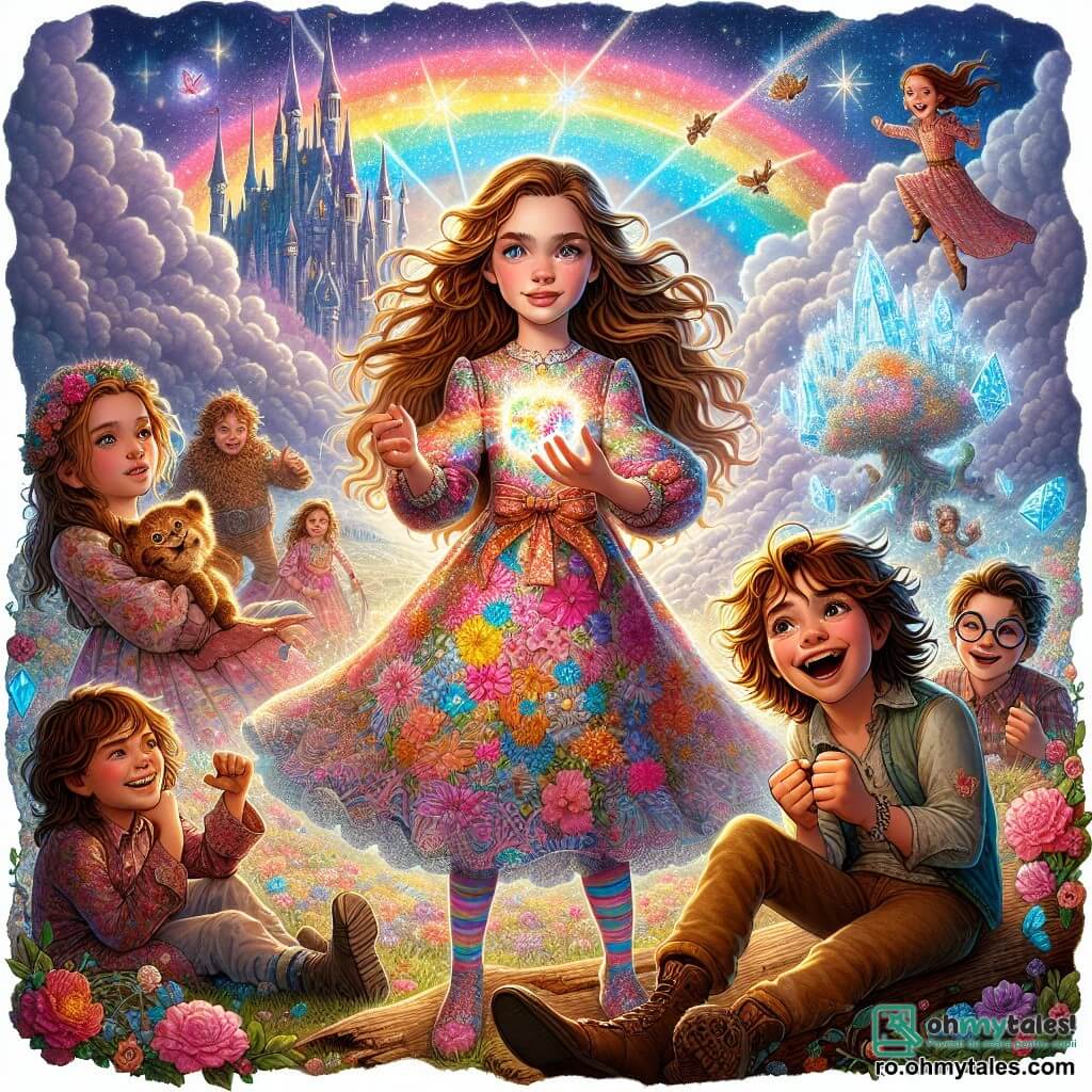 În centrul imaginii, o fetiță de 12 ani pe nume Lila, cu părul lung ondulat de culoare castanie deschisă, poartă o rochie colorată cu motive florale. Ea are o expresie de curiozitate și excitație, ținând în mână o piatră strălucitoare care emite o luminozitate blândă. În dreapta ei, Tobi, un băiat de 12 ani cu părul zbârlit și ochelari rotunzi, stă pe un trunchi de copac, luptând să-și țină ochii deschiși, cu un zâmbet visător pe față. În stânga, Miri, o fetiță de 11 ani cu părul creț și un zâmbet larg, râde cu brațele ridicate, ca și cum ar povesti o glumă. În fundal, un castel plutitor în nori, făcut din nori pufoși și strălucitori, se înalță măreț, înconjurat de un pod arc-en-ciel vibrant. Scena ilustrează cum Lila și prietenii ei descoperă magia prieteniei, stând împreună, pregătiți să trăiască o aventură fantastică.