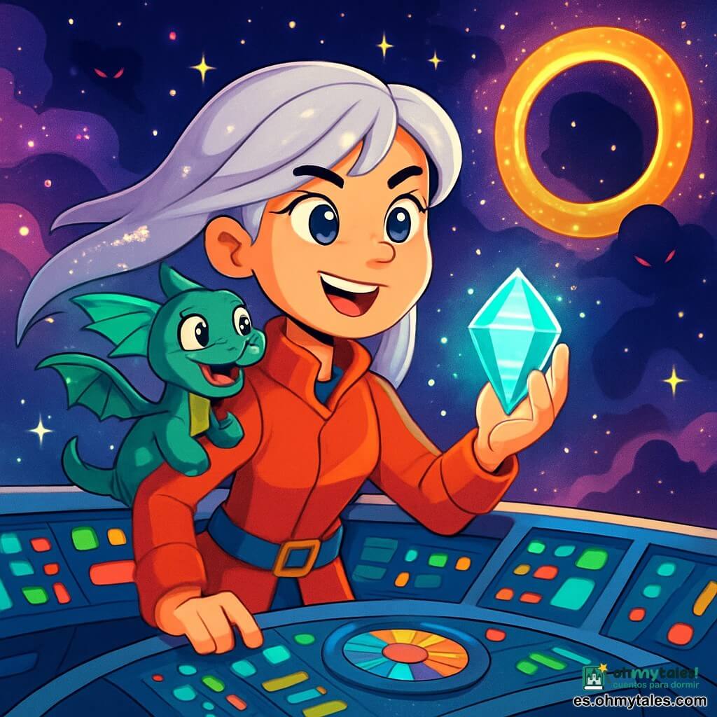 La capitana Lyra es una mujer valiente con largos cabellos plateados que flotan como estrellas fugaces. Sus ojos brillan de emoción y determinación mientras sostiene una piedra mágica y brillante en su mano. Se encuentra en el puente de su nave espacial, rodeada de luces coloridas y controles futuristas. A su lado, Zígor, un pequeño dragón espacial de escamas verde esmeralda y ojos traviesos, agita sus alas con entusiasmo, listo para acompañarla en la aventura. Está posado en el hombro de Lyra, mirando con curiosidad el paisaje estrellado. El lugar es un vasto espacio intergaláctico, lleno de nebulosas brillantes en tonos violetas, rosas y azules, con estrellas centelleantes que bailan a su alrededor. Al fondo, el misterioso Anillo de las Estrellas Dormidas brilla con un resplandor dorado, evocando un portal mágico. La situación principal muestra a Lyra, decidida y emocionada, preparándose para activar el portal que podría realizar deseos, mientras siente una ligera inquietud ante la sombra amenazante que se perfila en el espacio.