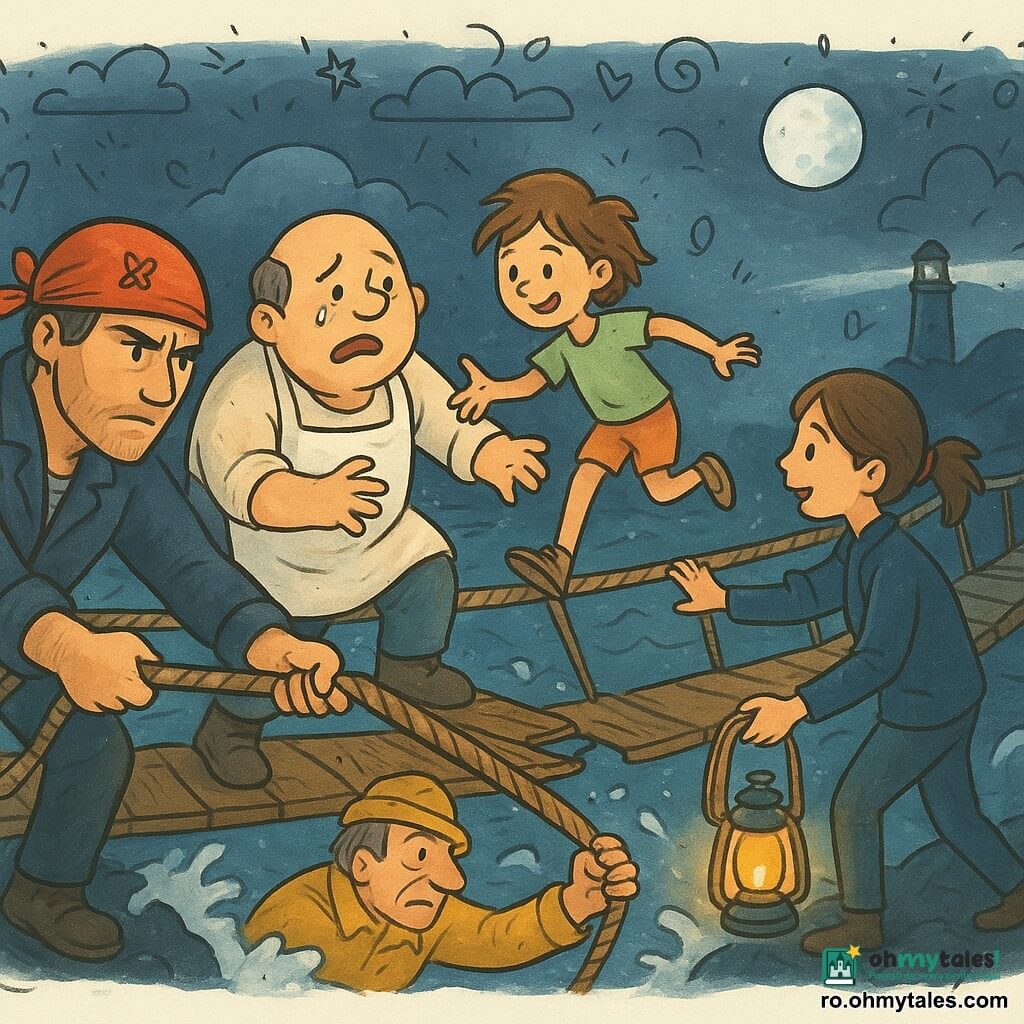 Un bărbat numit Radu, cu fața serioasă și privire hotărâtă, poartă un bandană pictată cu un fluture roșu și o jachetă de marinar uzată; trage cu putere de frânghia unui pod de funii. Lupu, bucătar mare cu fața rotundă și mâini tremurânde, cu lacrimi în ochi, e în mijlocul podului, cu o scândură ruptă sub un picior, întinzând mâna spre Radu. Ana, o fetiță de circa 10 ani, cu păr scurt zburlit, mică și agilă, sare pe pod arătând drumul și încurajând privindu-se înapoi. Mira, în jur de 30 de ani, timonieră cu coadă de pește, ține o lanternă cu lumină caldă lângă prova unei bărci mici legate de marginea podului, pregătită să ajute. Dan, pescar bătrân de circa 60 de ani, cu geacă ceruită și nas cârn, trage o frânghie de pe plaja stâncoasă, cu picioarele în spumă, pentru a stabiliza podul. Locul: un pod îngust de funii deasupra unei mări furtunoase, valuri lovesc stâncile negre, spumă albă, cer nocturn cu lună argintie și un far albastru pâlpâind. Situația: o salvare dramatică și tandră — scânduri trosnesc, frânghii vibrează, gesturi de solidaritate; contrast între frigul mării și căldura fețelor luminate de lanternă.