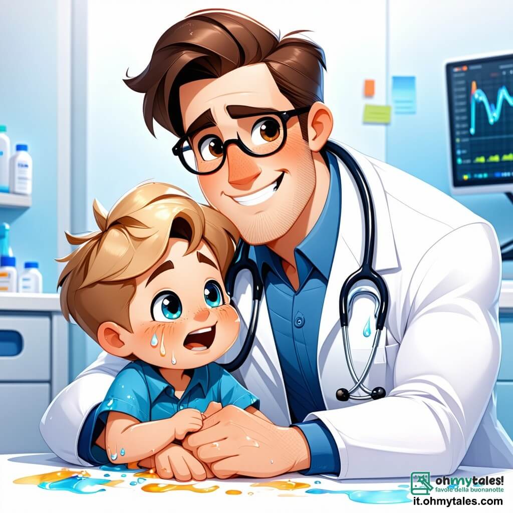 Il personaggio principale è un uomo di nome Marco, un medico sorridente di circa trent'anni, con capelli castani e occhiali rotondi. Indossa un camice bianco impeccabile e uno stetoscopio al collo, piegato con benevolenza verso un giovane ragazzo. Il ragazzo, Leo, ha circa 8 anni, capelli biondi disordinati e occhi blu pieni di lacrime. È seduto su una sedia, tenendo il ginocchio ferito, mentre Marco gli applica un bendaggio con dolcezza e attenzione. Nella stanza c'è anche il dottor Luca, un uomo di circa quarant'anni, con capelli neri e barba ben curata. Si trova accanto a Marco, sorridente e con un grande spazzolino da denti per spiegare l'importanza dell'igiene orale agli altri bambini presenti. La scena si svolge in uno studio medico colorato, con pareti dipinte di azzurro chiaro e manifesti ludici sulla salute. Giocattoli e libri sono sparsi su scaffali, creando un'atmosfera accogliente e gioiosa. La situazione principale mostra Marco mentre cura Leo, che è caduto e si è ferito al ginocchio, mentre Luca spiega agli altri bambini l'importanza di prendersi cura della propria salute e dei propri denti.